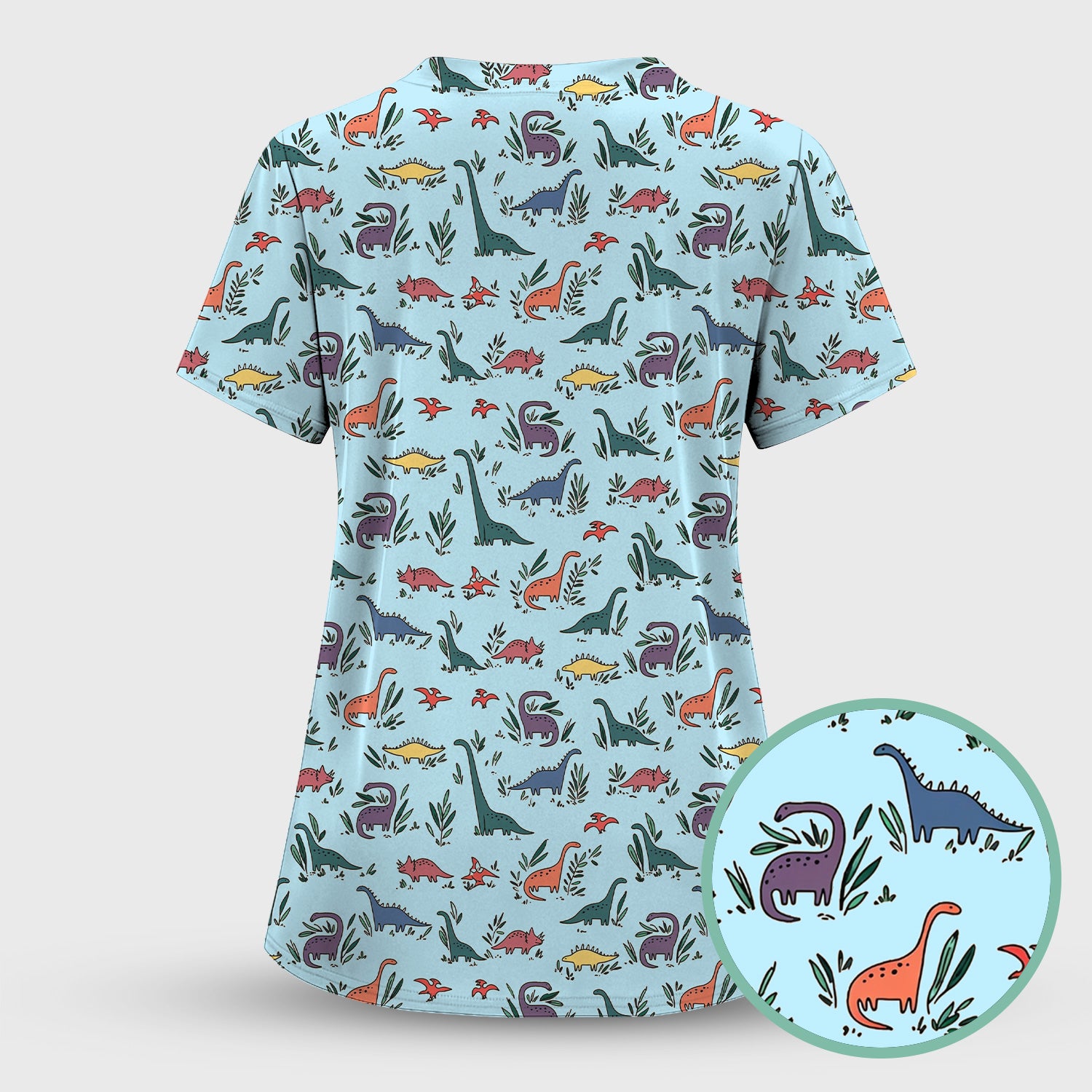 Cute Dinosaur Leafy Garden Pattern Scrub Set, Breathable Fabrics Nursing Uniform