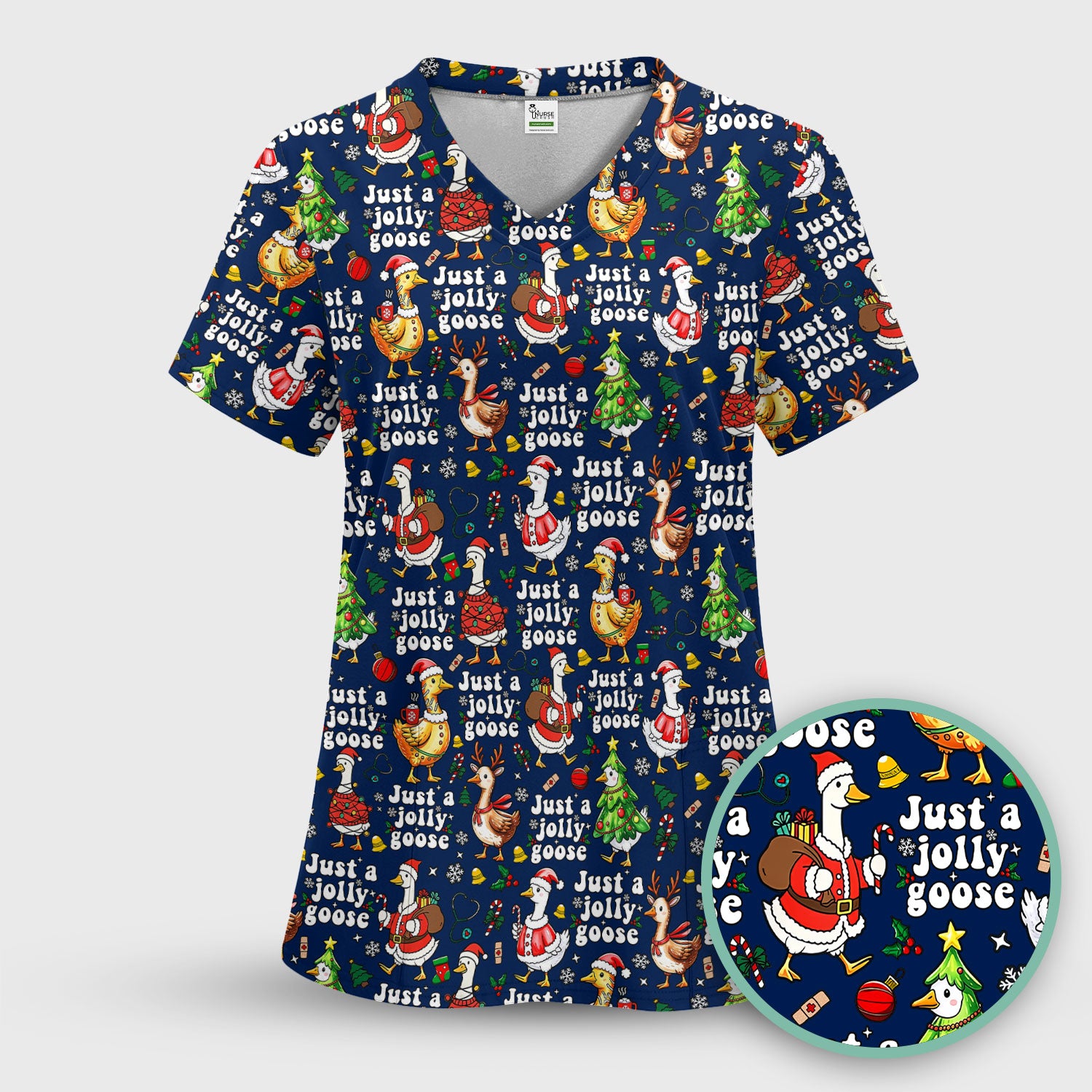 Just a Jolly Goose Funny Christmas Scrub Top - Holiday Medical Uniform for Nurse - Santa Goose Shirt Gift for Women