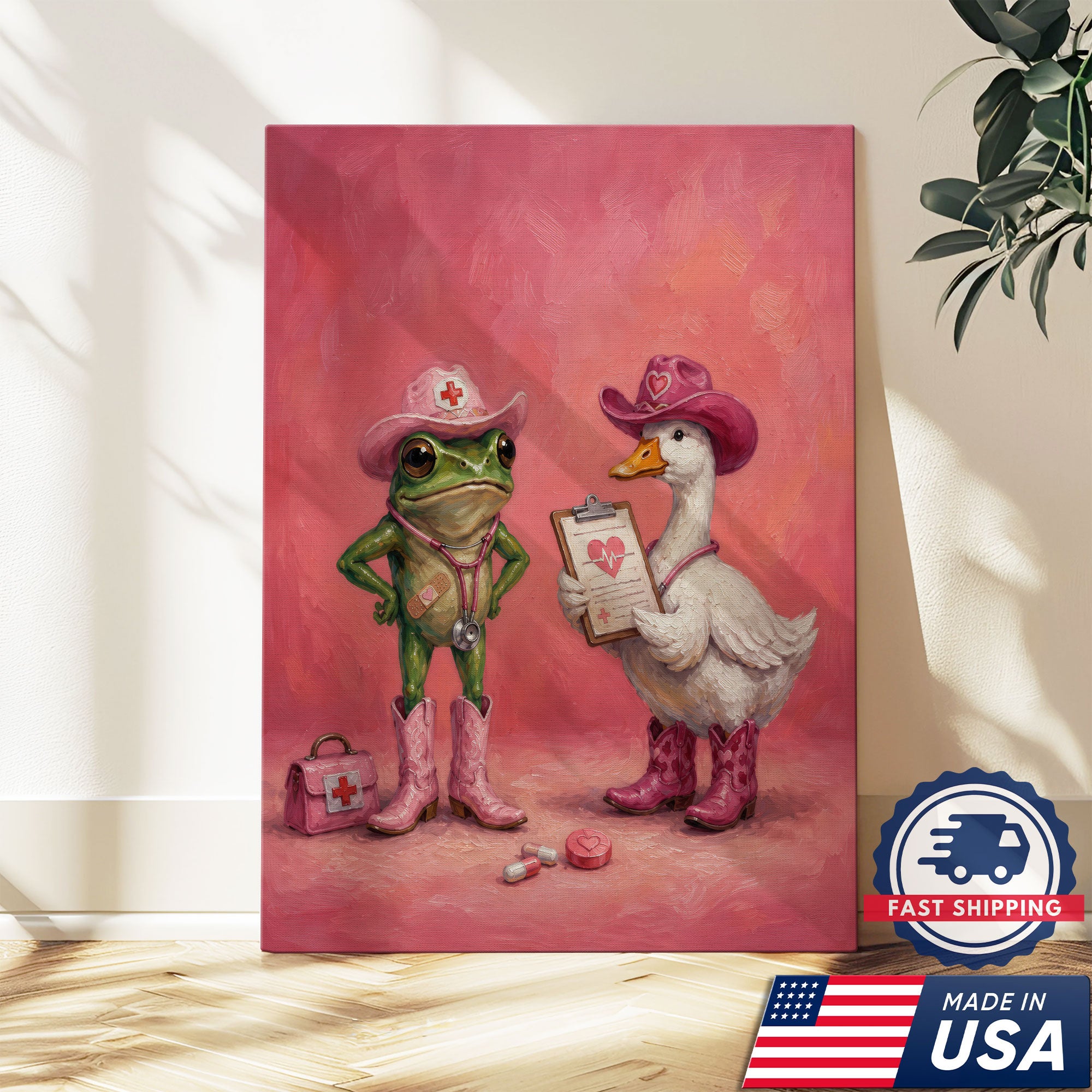 Cute Nurse Frog Duck Cowgirl Canvas Wall Art, Clinic Decor