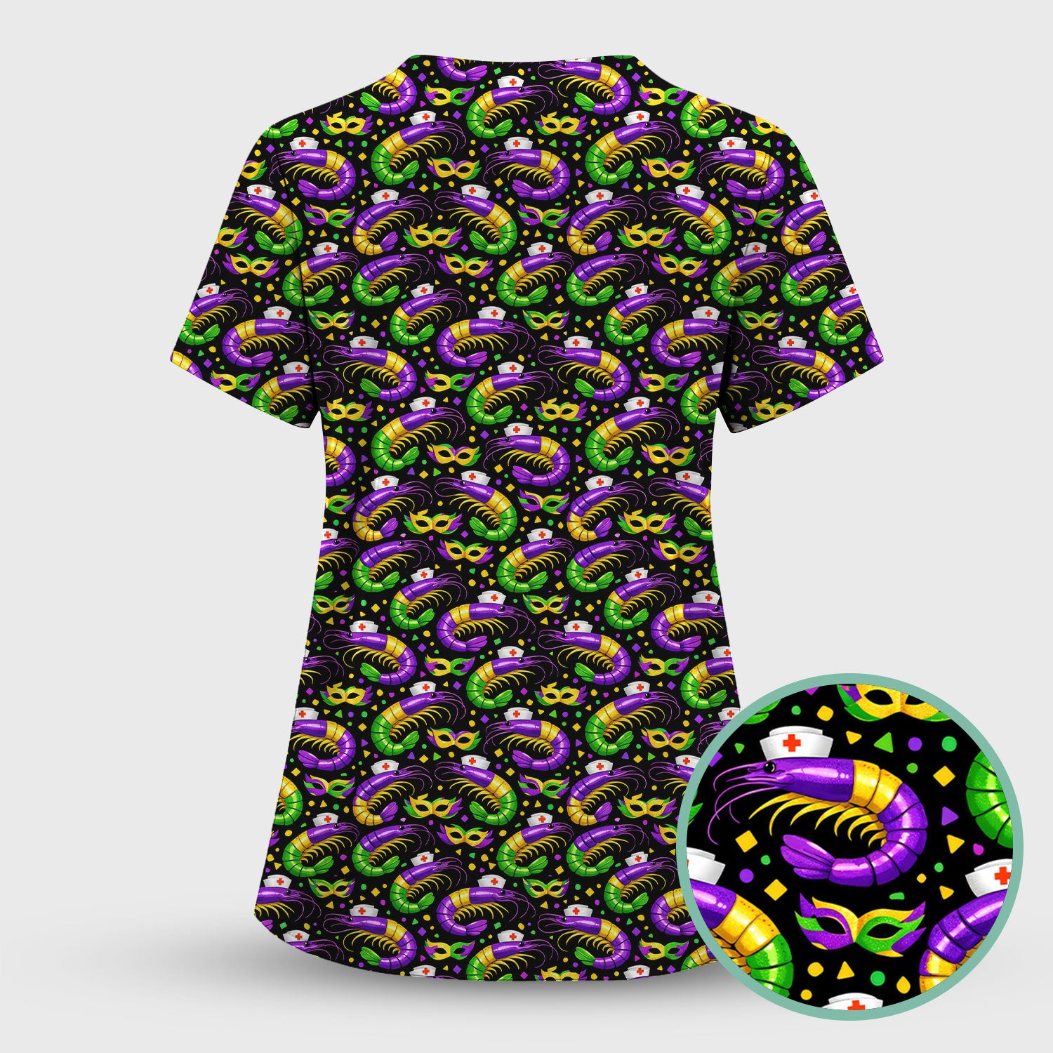 Mardi Gras Pattern Scrub Set, Crawfish Carnival Medical Nurse Scrub Shirt, Breathable Fabrics Nursing Uniform