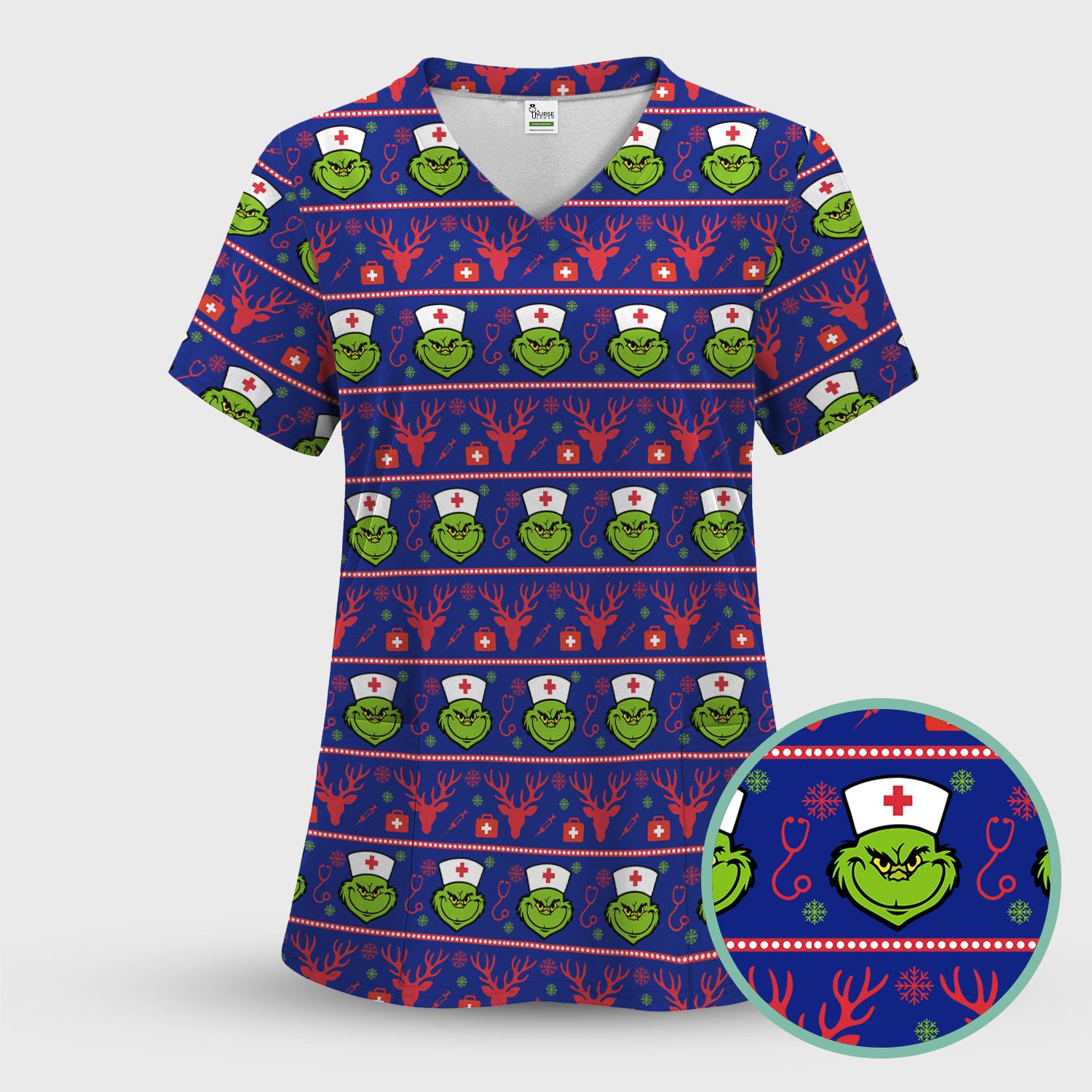 Grinch Nurse Ugly Christmas Scrub Top - Funny Holiday Nursing Scrubs Shirt - Cute Medical Workwear for Women with Festive Pattern