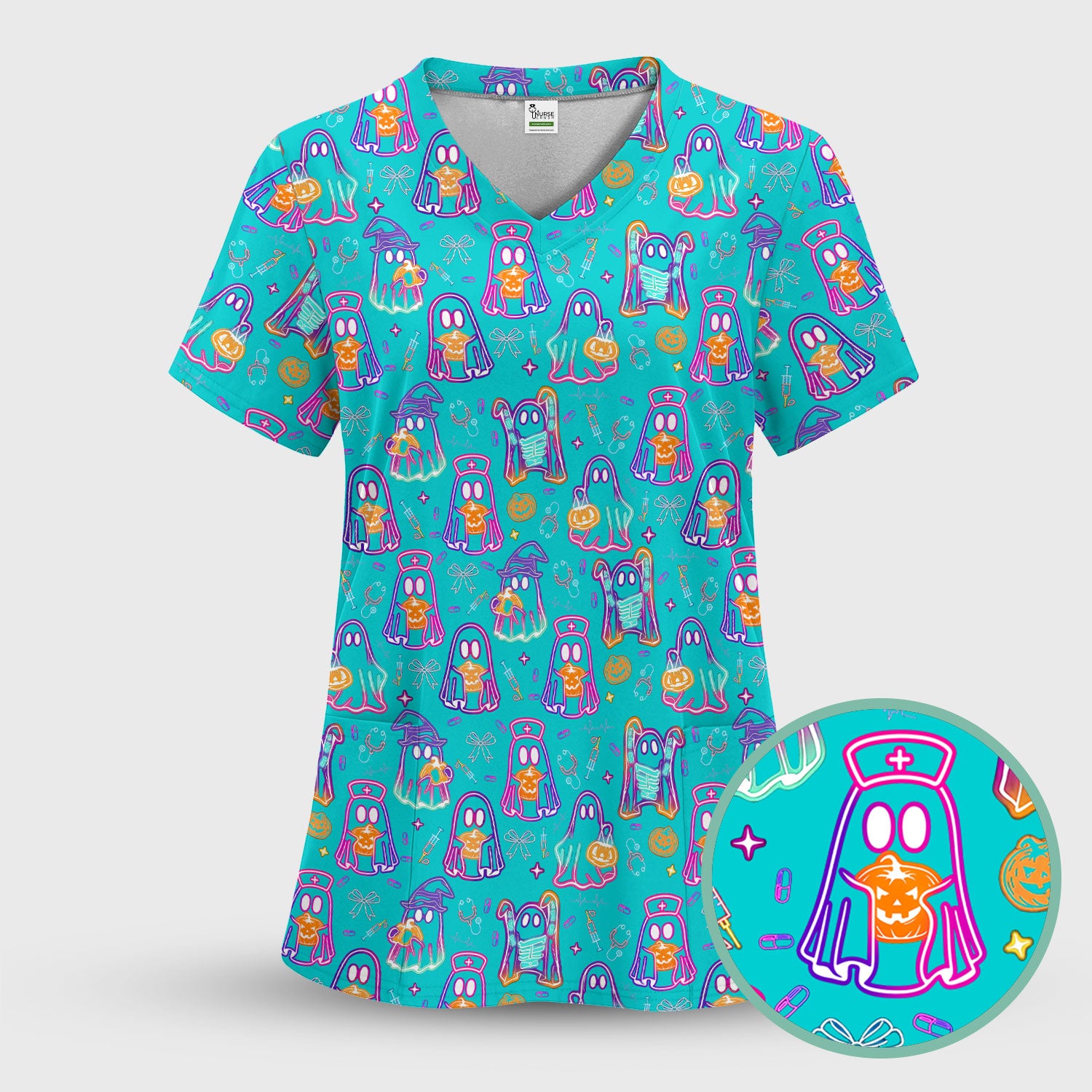 Halloween Nurse Scrub Top for Women - Cute Neon Ghost Medical Uniform - Funny Spooky Nursing Shirt RN CNA LPN Gift