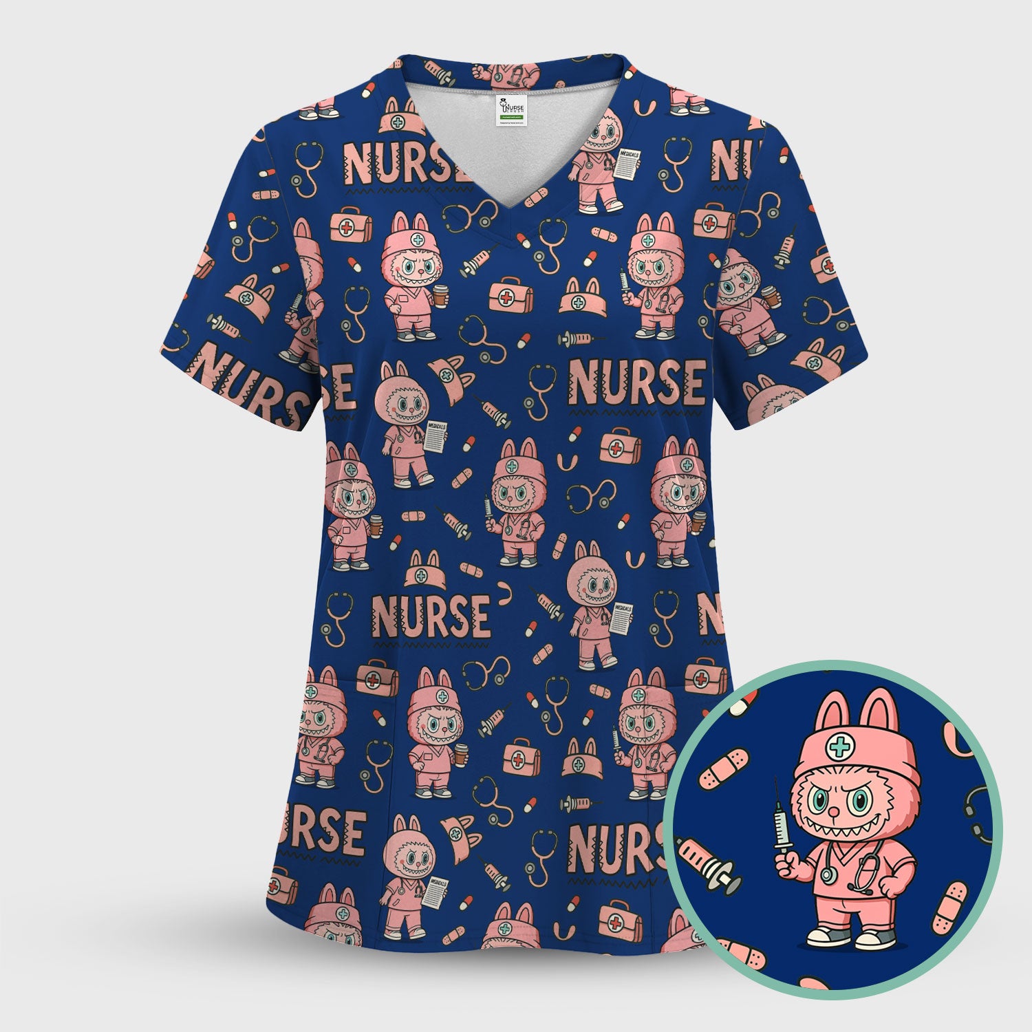 Bunny Cartoon Nurse Scrub Shirt  Cute Medical Top for Women CNA RN Doctor - Fun Scrubs Gift Idea for Nurses, Students, Holiday Season