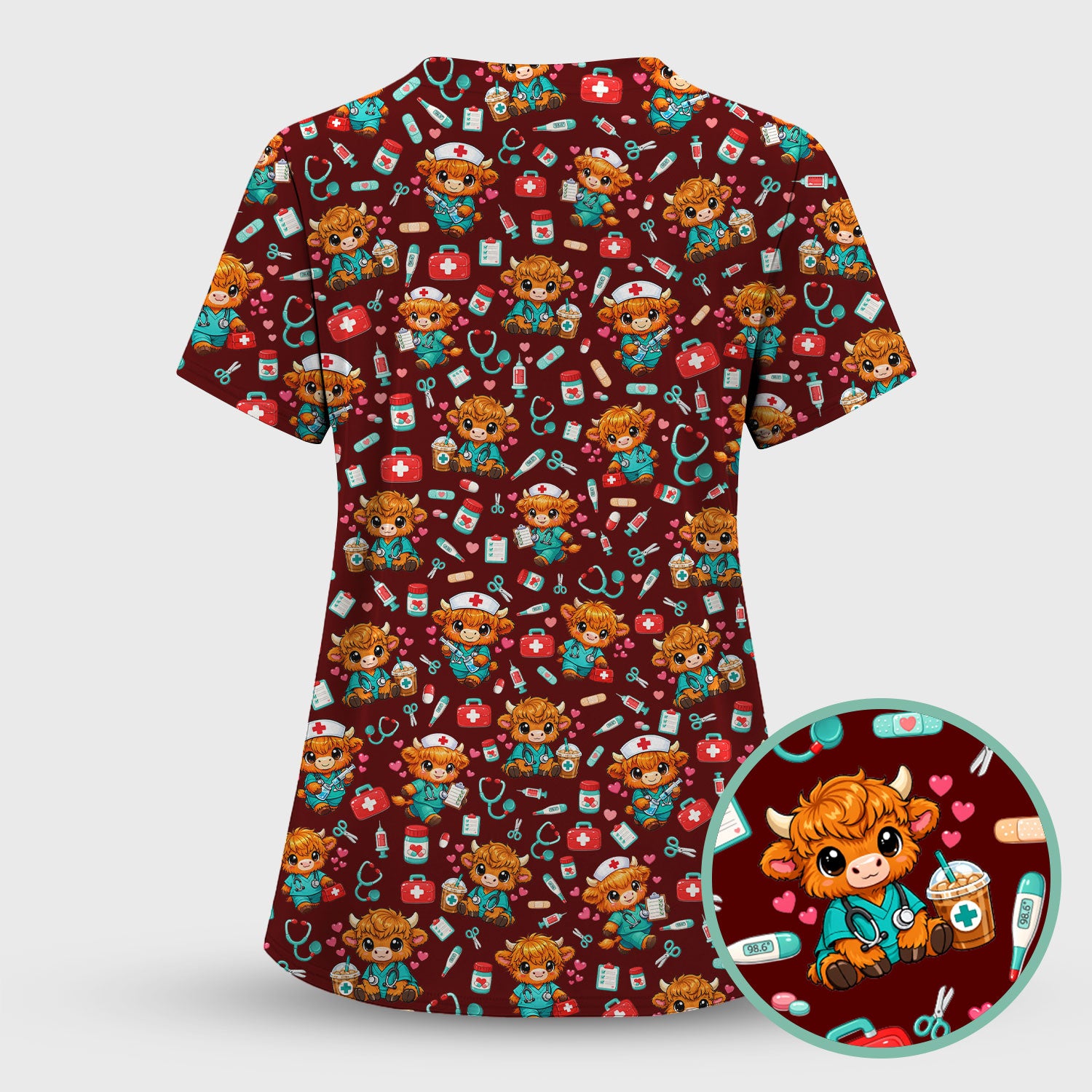 Cute Highland Cow Nurse Scrub Top, Kawaii Medical Pattern Shirt, Breathable Fabrics Nursing Uniform