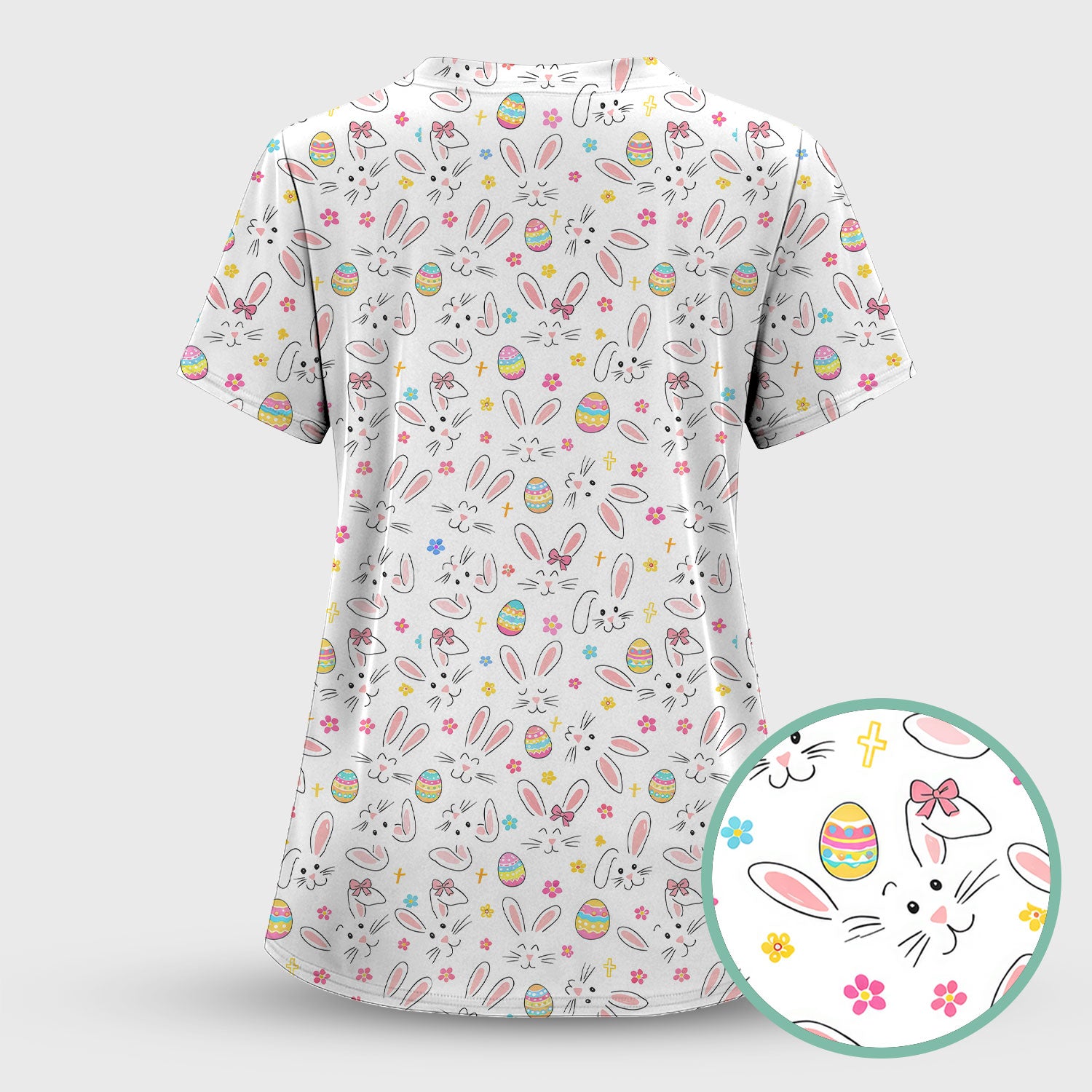 Easter Bunny Faces And Pastel Egg Print Scrub Top, Comfortable Scrubs for Nurses