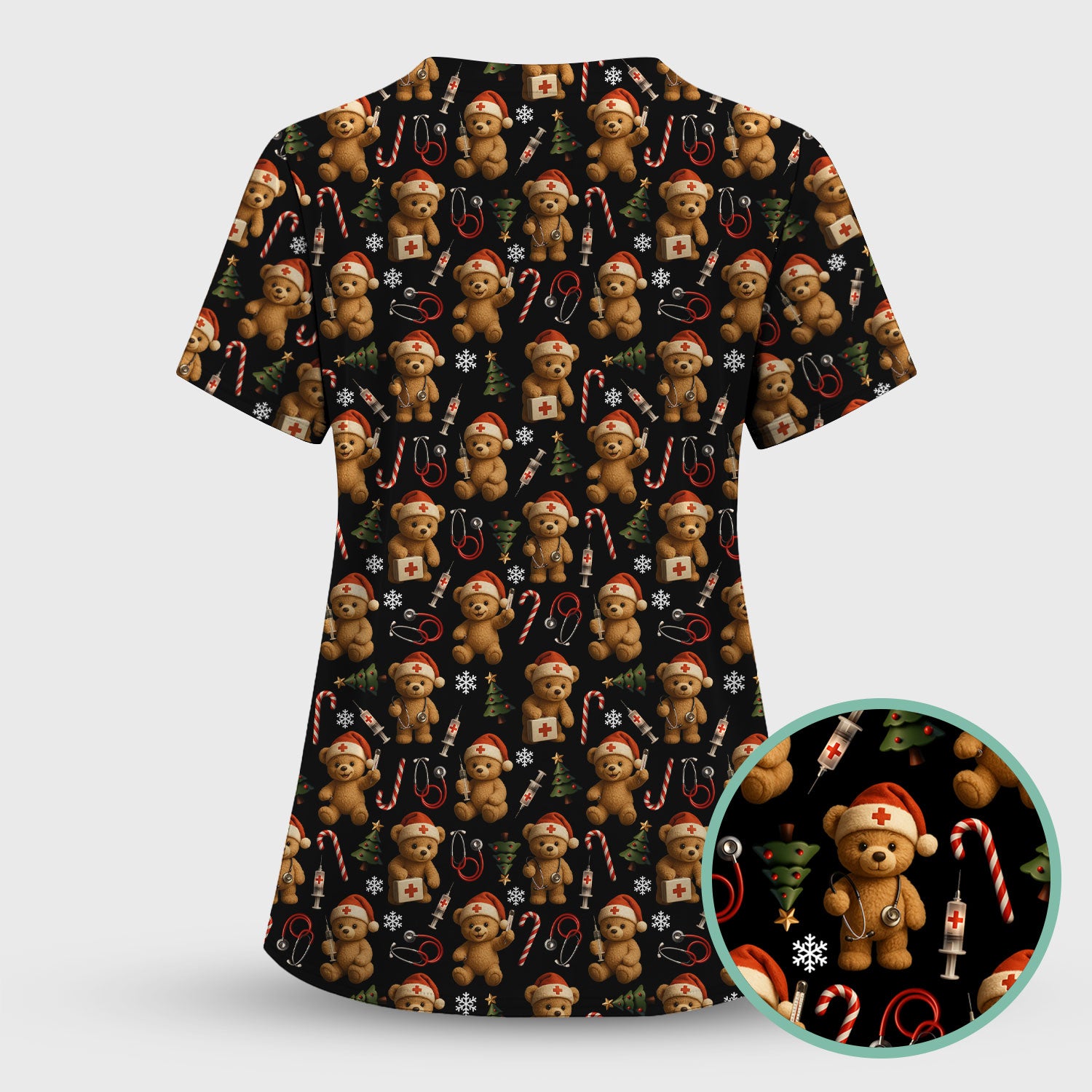 Gingerbread Bear Nurse Christmas Scrub Set - Cute Holiday Medical Pattern with Stethoscopes & Candy Canes - Festive Scrubs for Women