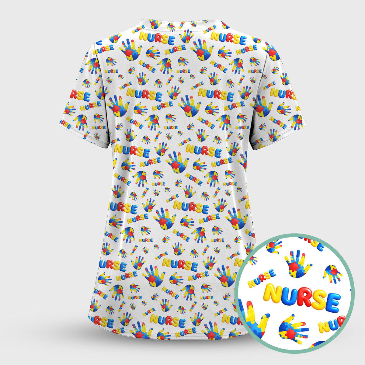 Colorful Autism Handprint Nurse Pattern Scrubs Set, Scrub Pants and V Neck Top