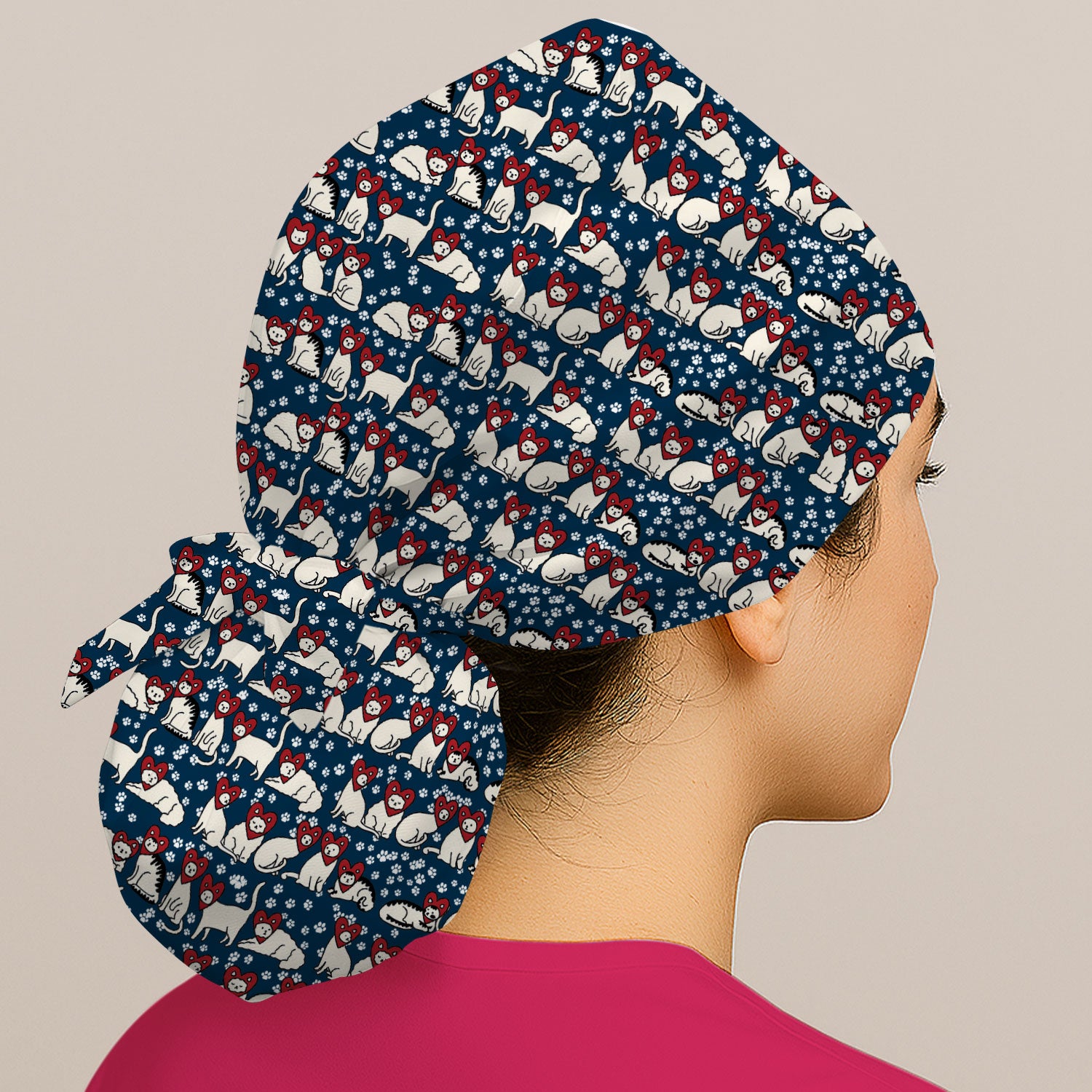 Cute Cat Heart Pattern Scrub Cap, Funny Cat Scrub Hat For Nurses, Breathable Fabrics Nursing Uniform