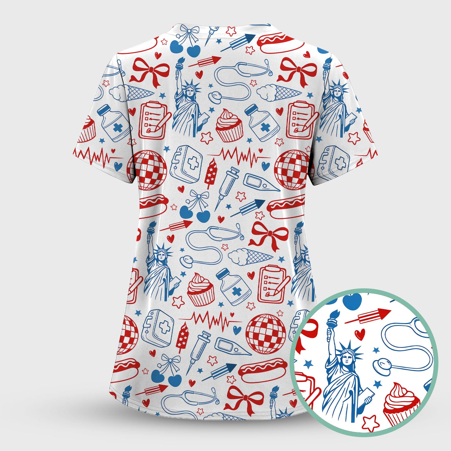 Patriotic Nurse Medical Icons Pattern Scrub Set, Scrub Pants and V Neck Top