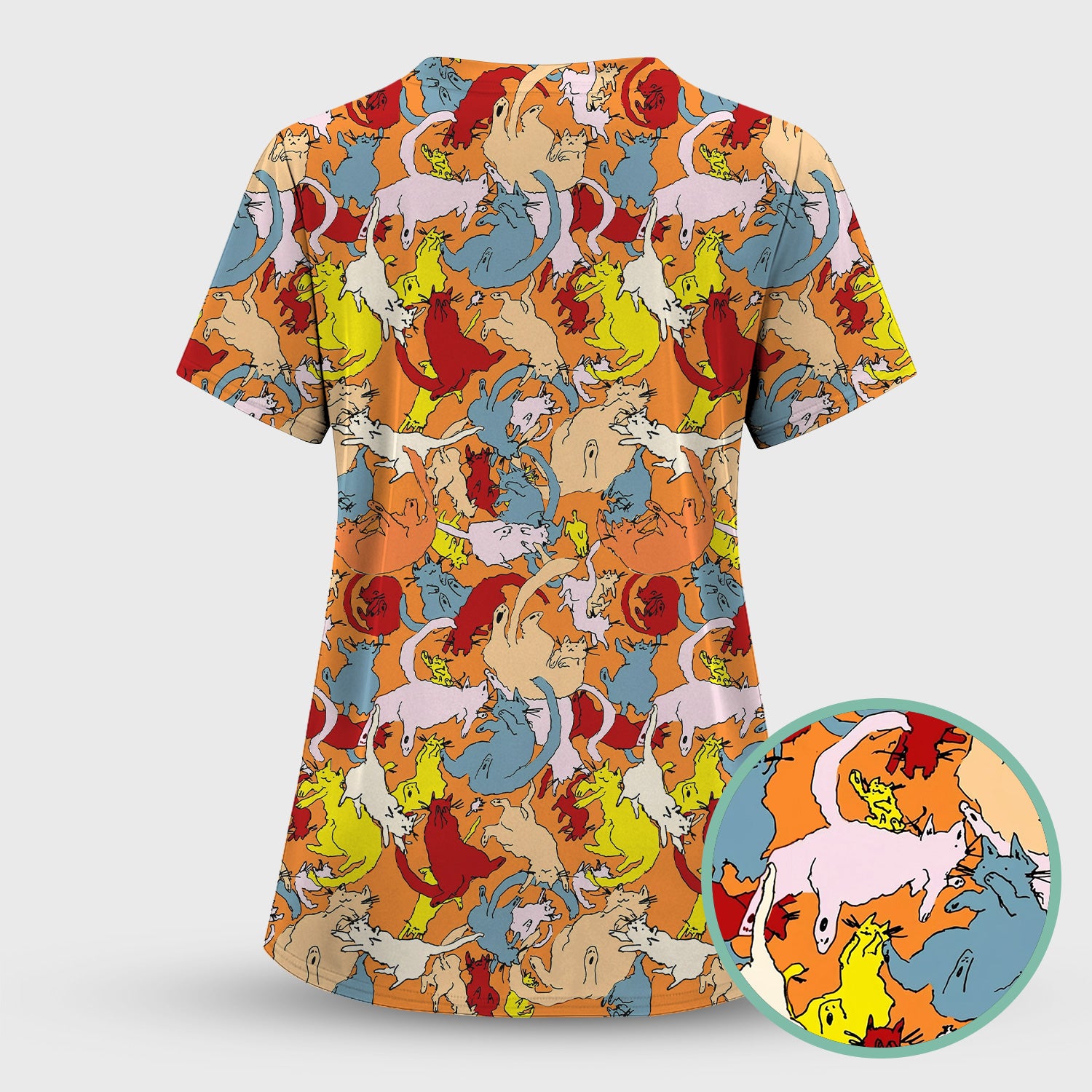 Colorful Cat Chaos Illustration Pattern Scrub Set, Scrub Pants and V Neck Top