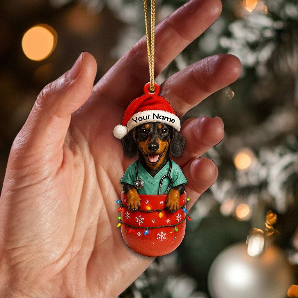 Dachshund Nurse Christmas Ornament – Custom Name Scrub Outfit Holiday Decor, Cute Medical Dog Xmas Gift for Healthcare Workers