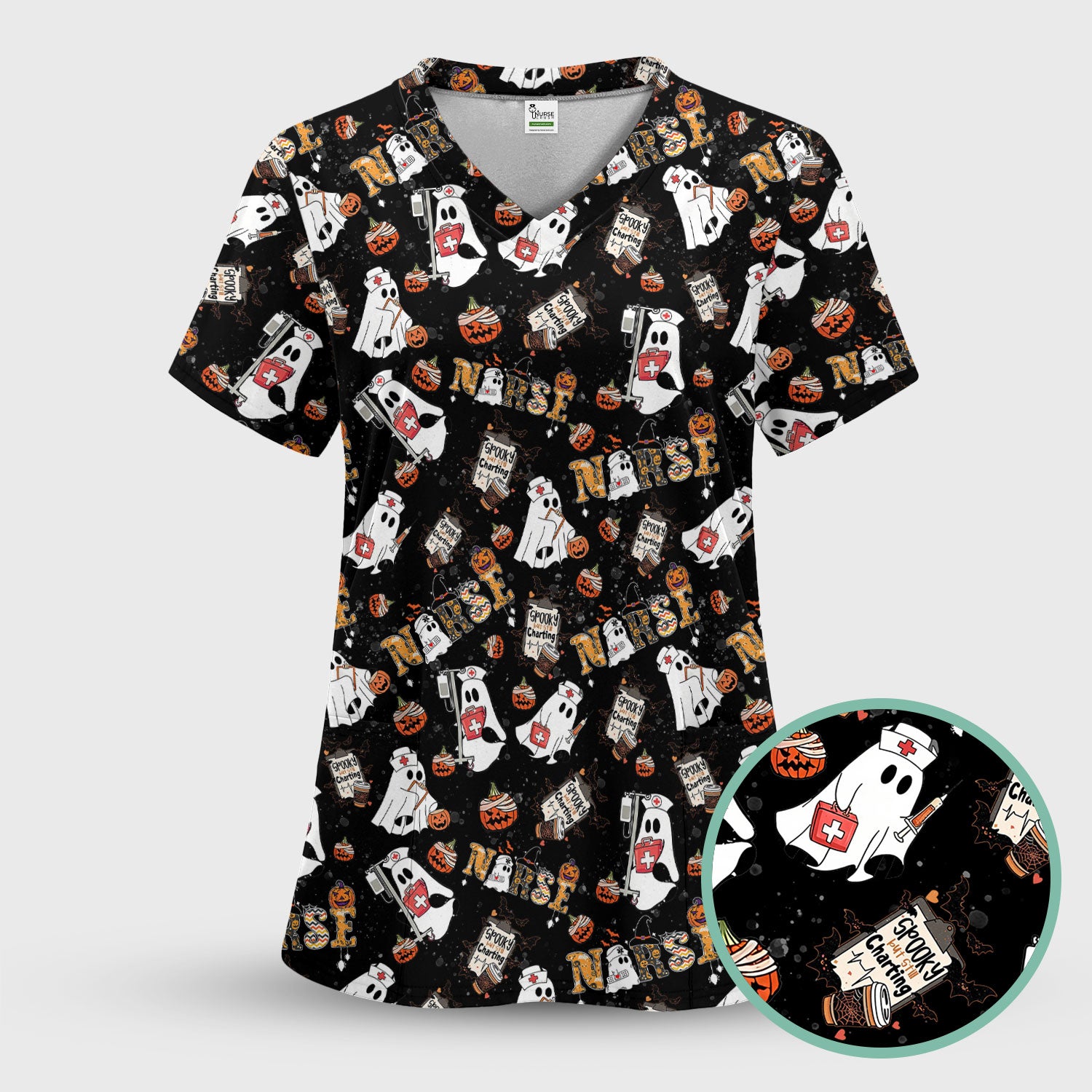 Halloween Women's Scrub Sets - Spooky But Still Charting - Funny Scrubs for Nurses - Horror Pumpkin Scrub Pants and V Neck Top
