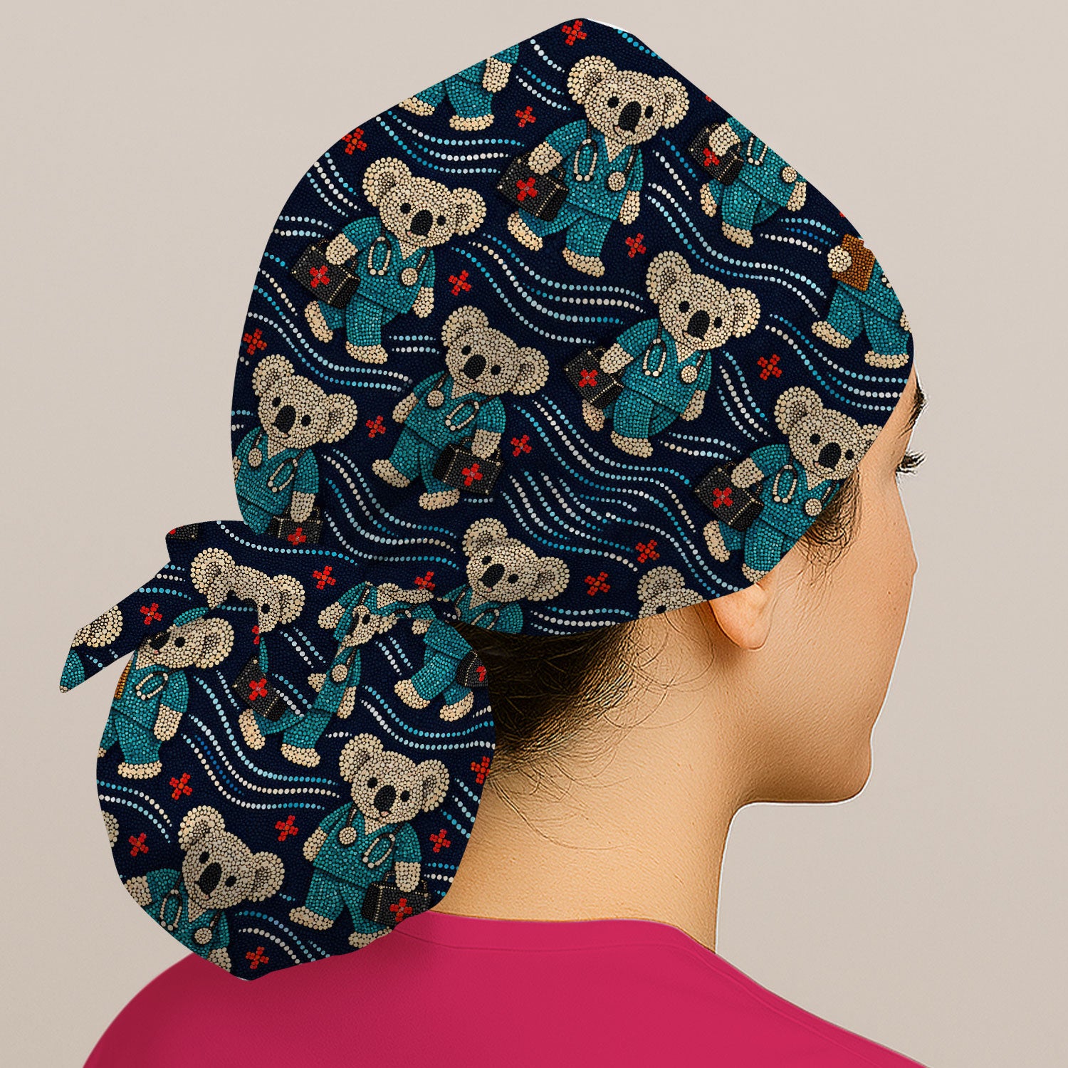 Aboriginal Dot Art Pattern Nurse Scrub Cap, Koala Medical Hat For Women, Breathable Fabrics Nursing Uniform