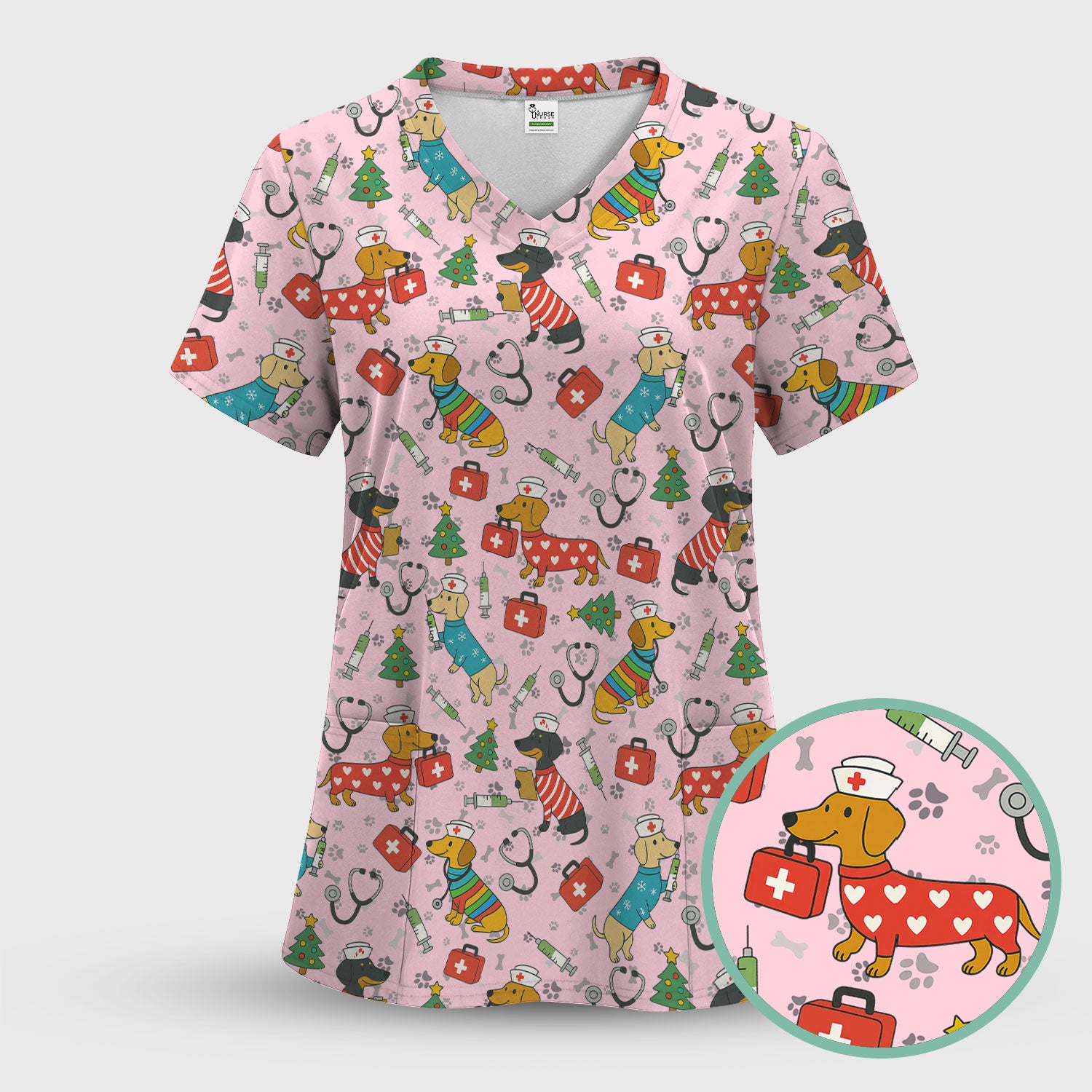 Christmas Dachshund Scrub Top - Funny Dog Nurse Scrubs Multi Color - Holiday Scrub Shirt Gift for Women Men, CNA, RN, Medical Professional
