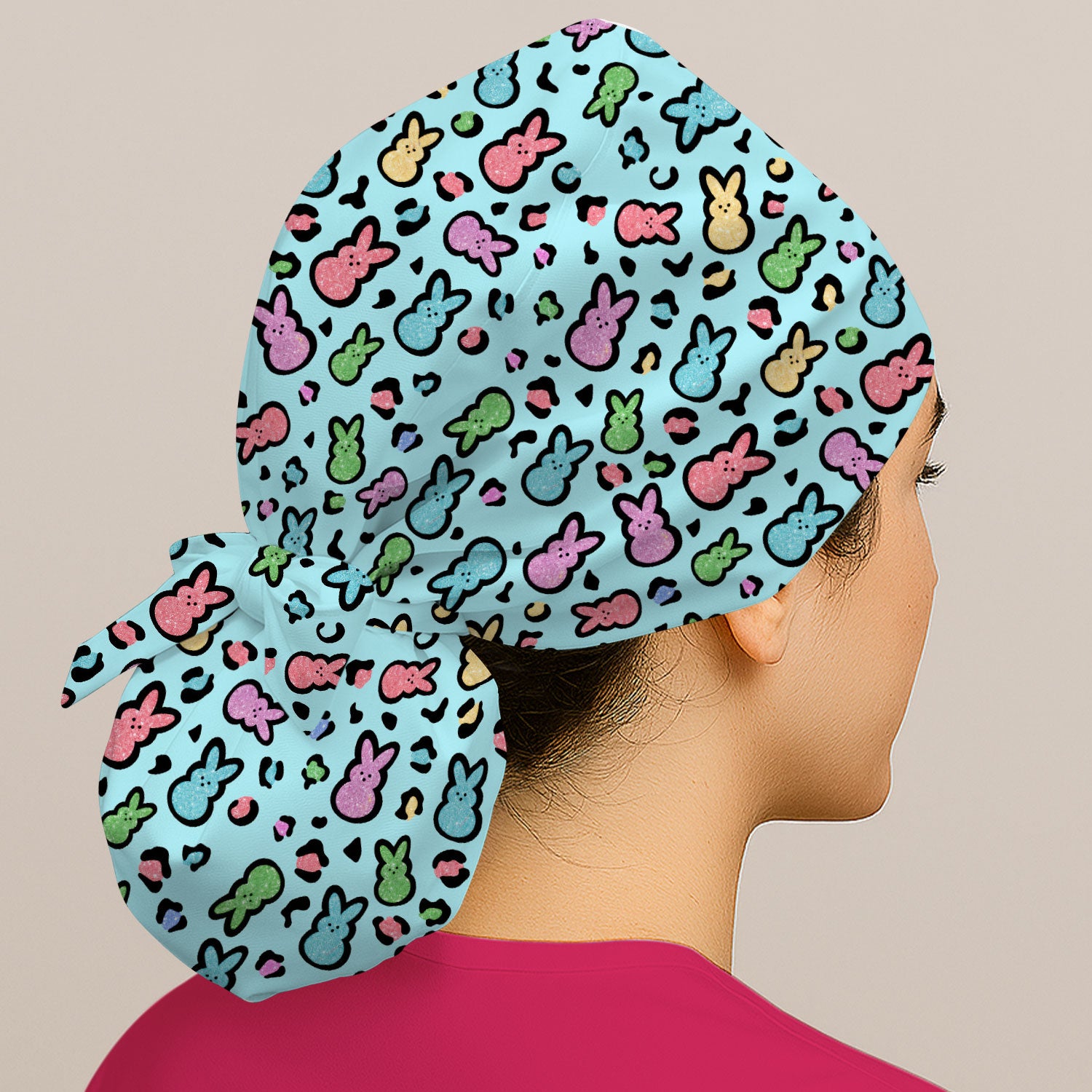 Cute Easter Bunny Pastel Pattern Print Cap, Bouffant Scrub Caps for Women