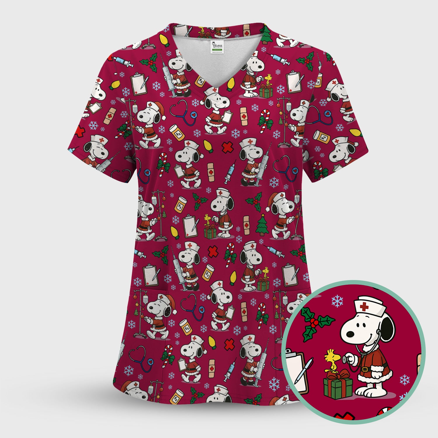 Custom Christmas Scrub Top for Nurses - Snoopy Holiday Scrub Shirt Multi Color - Cute Funny Nursing Workwear with Pockets