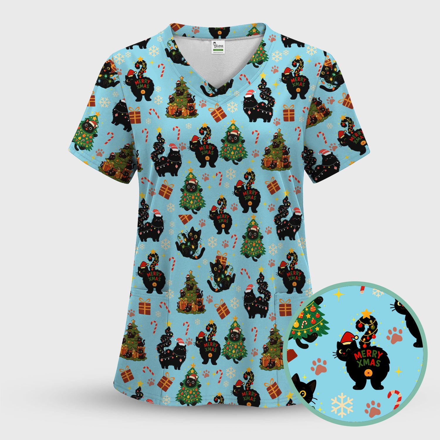 Christmas Cat Nurse Scrub Top - Funny Black Cat Print Medical Shirt for Women & Men - Cute Holiday Scrubs Gift for RN CNA Doctor