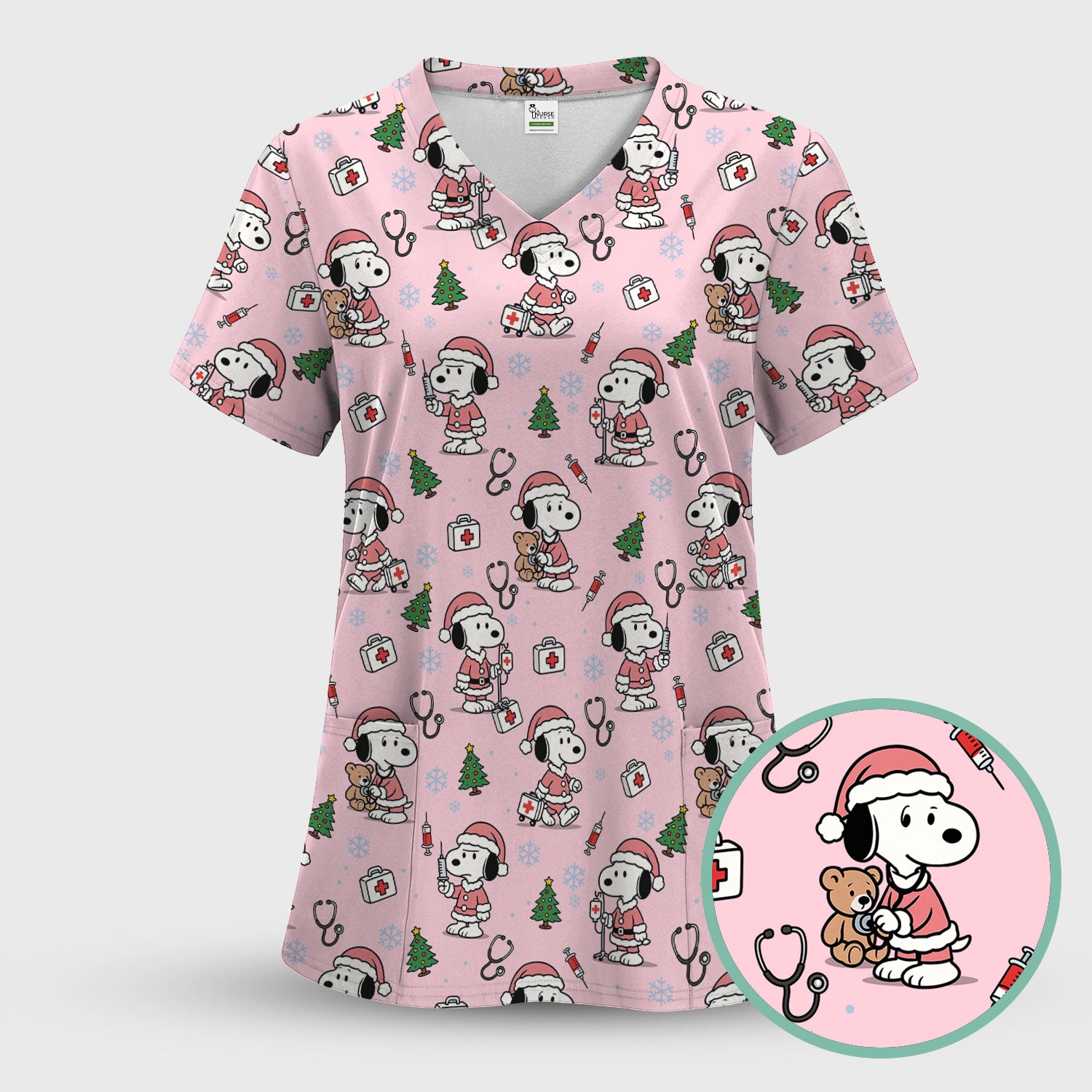 Snoopy Christmas Nurse Scrub Top for Women - Cute Cartoon Holiday Medical Uniform with Pockets - Nursing Gift for RN CNA LPN