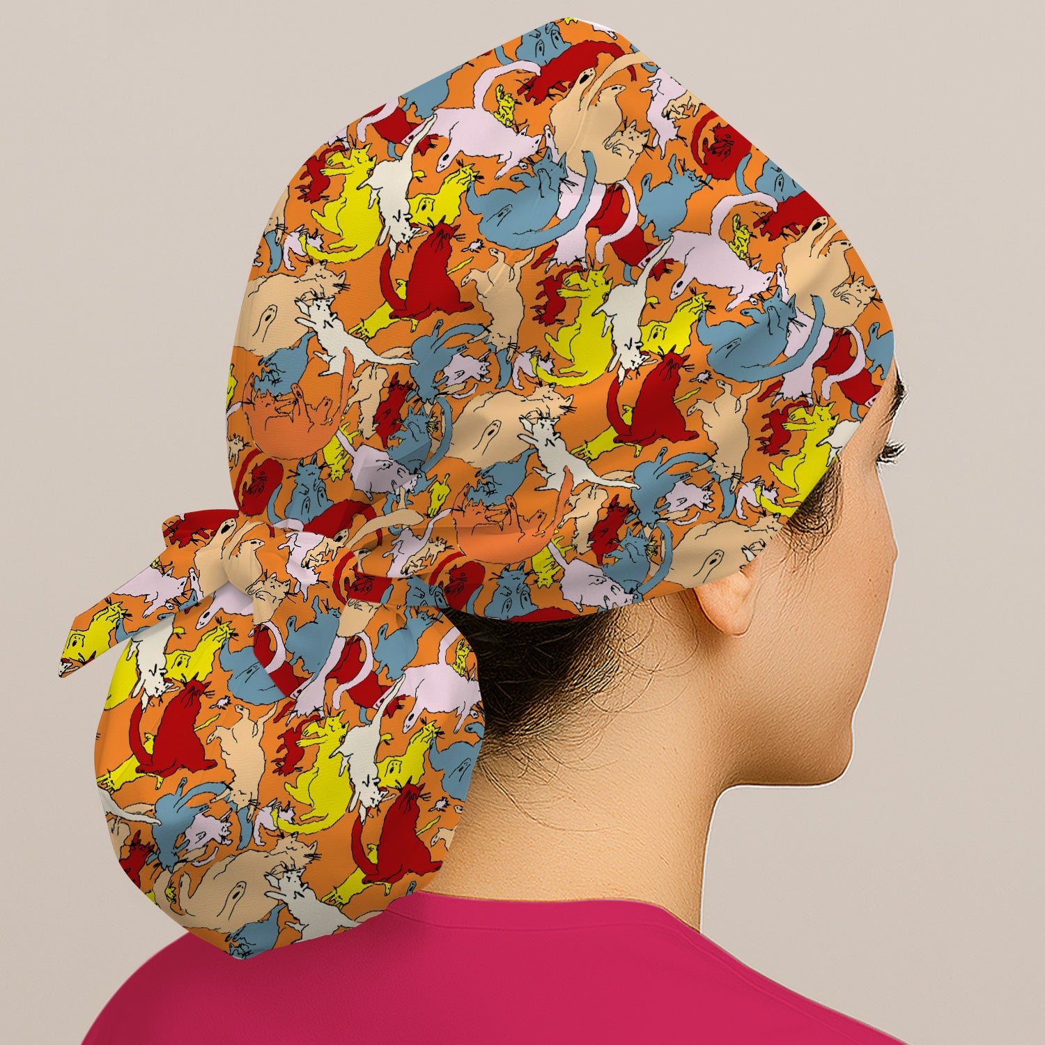 Colorful Cat Chaos Illustration Pattern Nurse Scrub Cap, Surgical Caps for Doctors