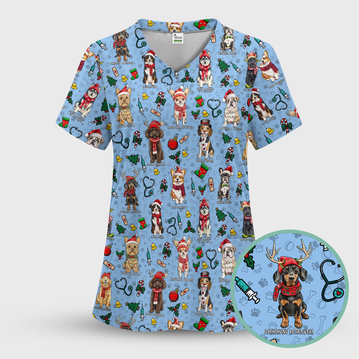 Christmas Dog Scrubs for Nurses – Dachshund, Husky, Poodle, Corgi & Labrador Holiday Scrub Top – Funny Santa Pattern Medical Shirt