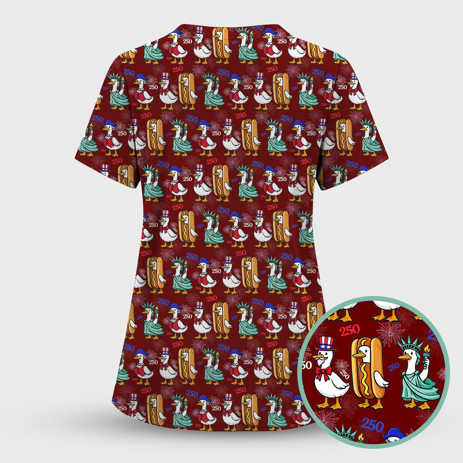 Patriotic Duck Independence Day Pattern Scrub Set, Scrub Pants and V Neck Top