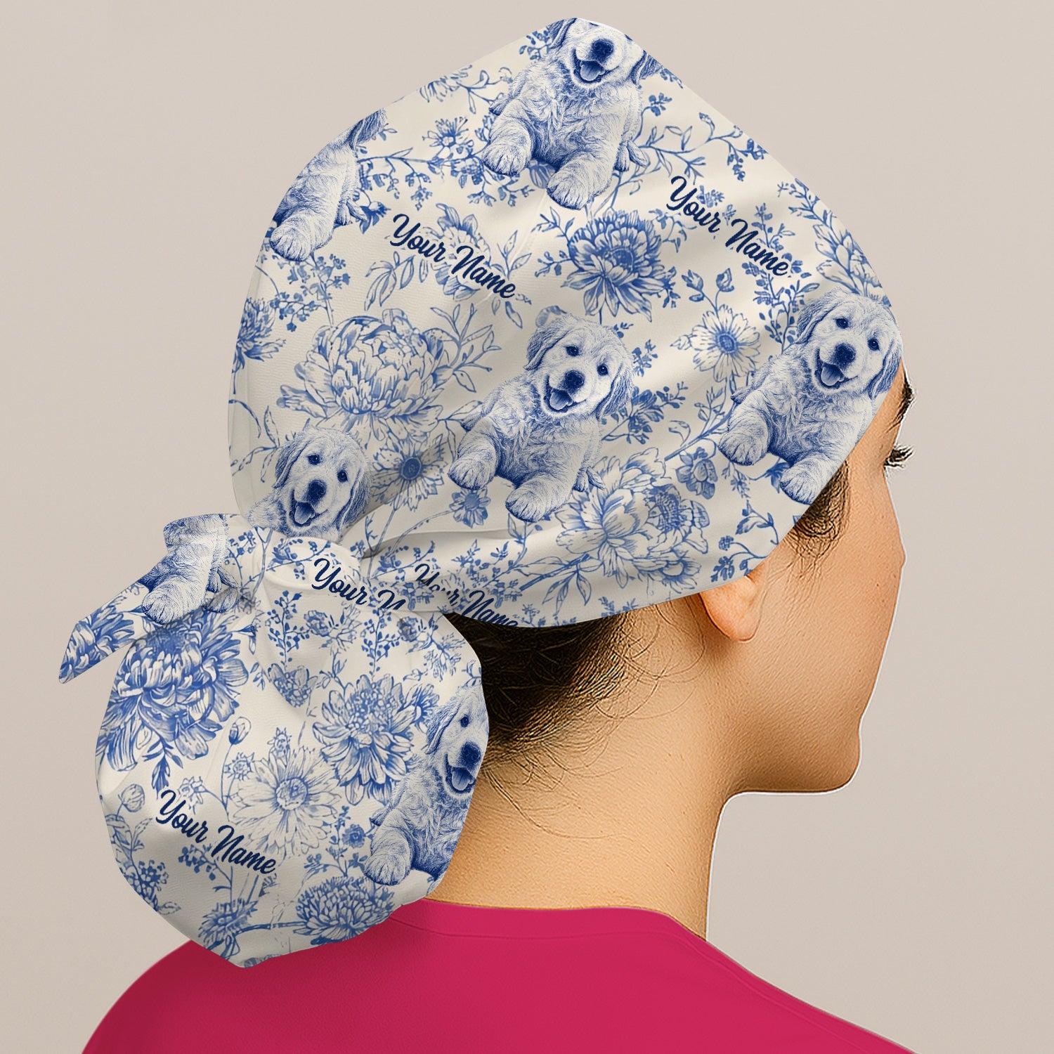 Personalized Custom Pet Photo Name Floral Pattern Scrub Cap, Surgical Caps for Doctors