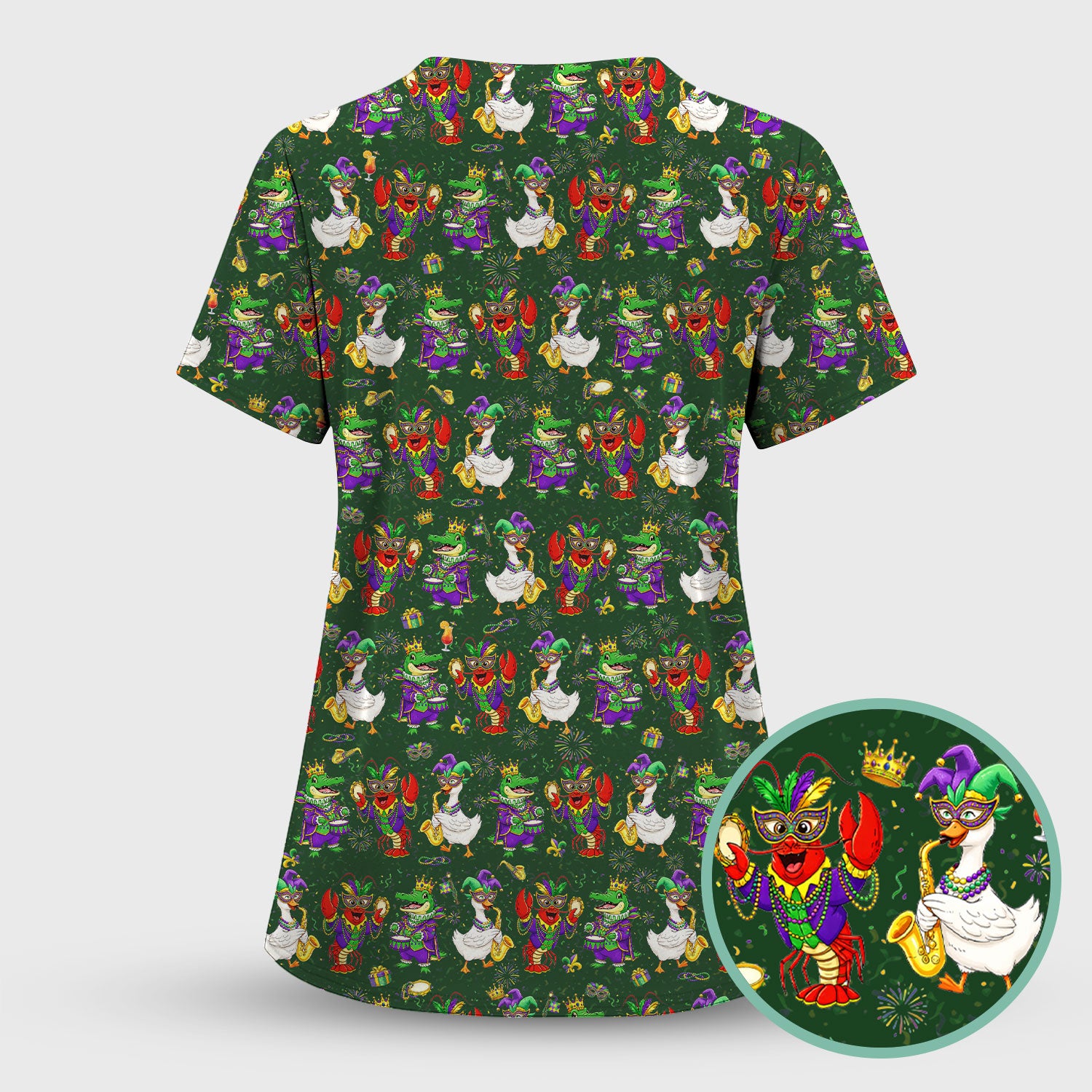 Crawfish And Duck Carnival Scrub Top, Mardi Gras Parade Pattern Nurse Shirt, Breathable Fabrics Nursing Uniform