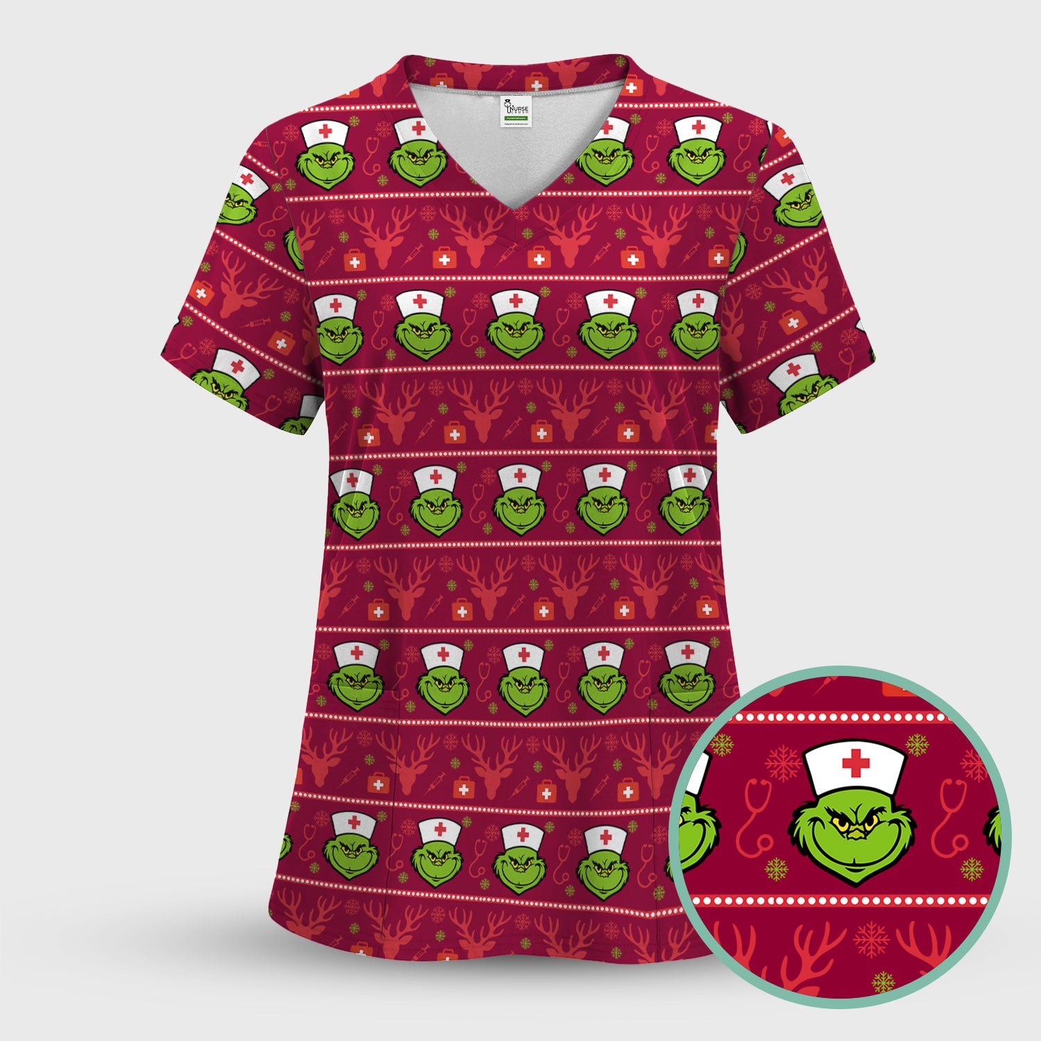 Funny Grinch Nurse Scrubs Top - Ugly Christmas Sweater Style Scrub Shirt - Holiday Nursing Workwear for Women