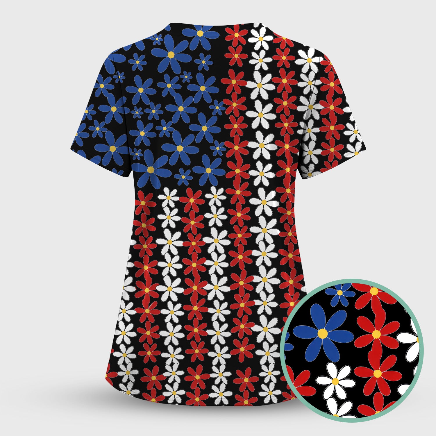 Retro Red Blue Daisy Stripe Pattern Scrub Top, Breathable Fabrics Nursing Uniform
