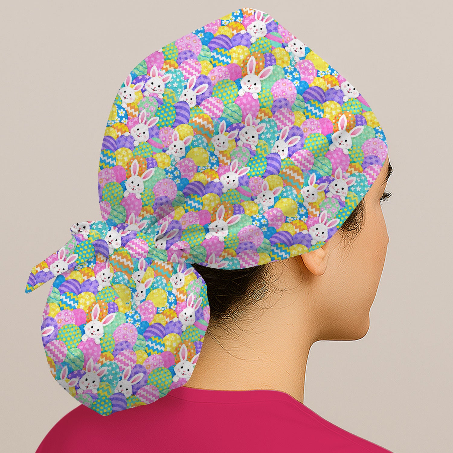 Easter Bunny Colorful Egg Pattern Print Cap, Bouffant Scrub Caps for Women