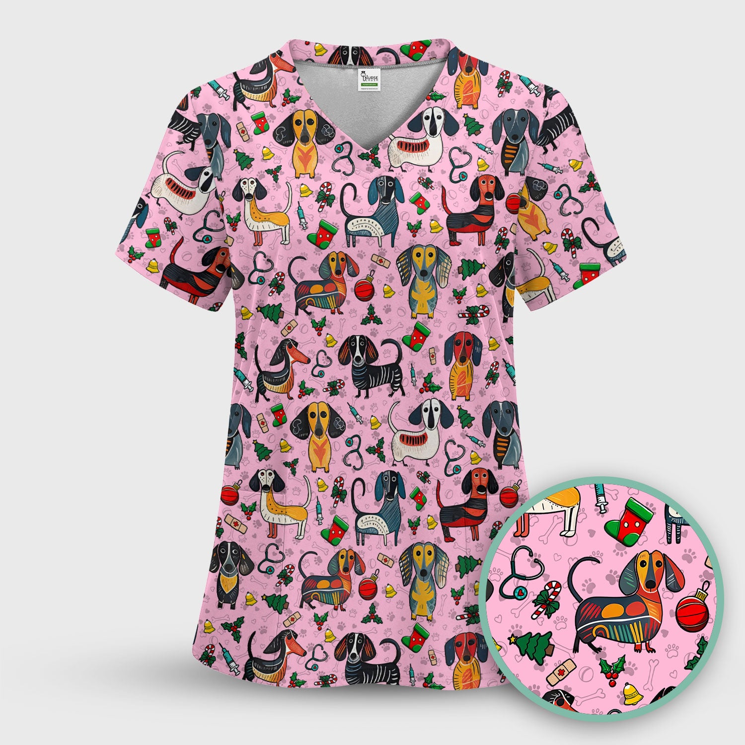 Christmas Wiener Dog Scrub Top - Funny Sausage Dog Nurse Shirt for Women - Holiday Medical Uniform