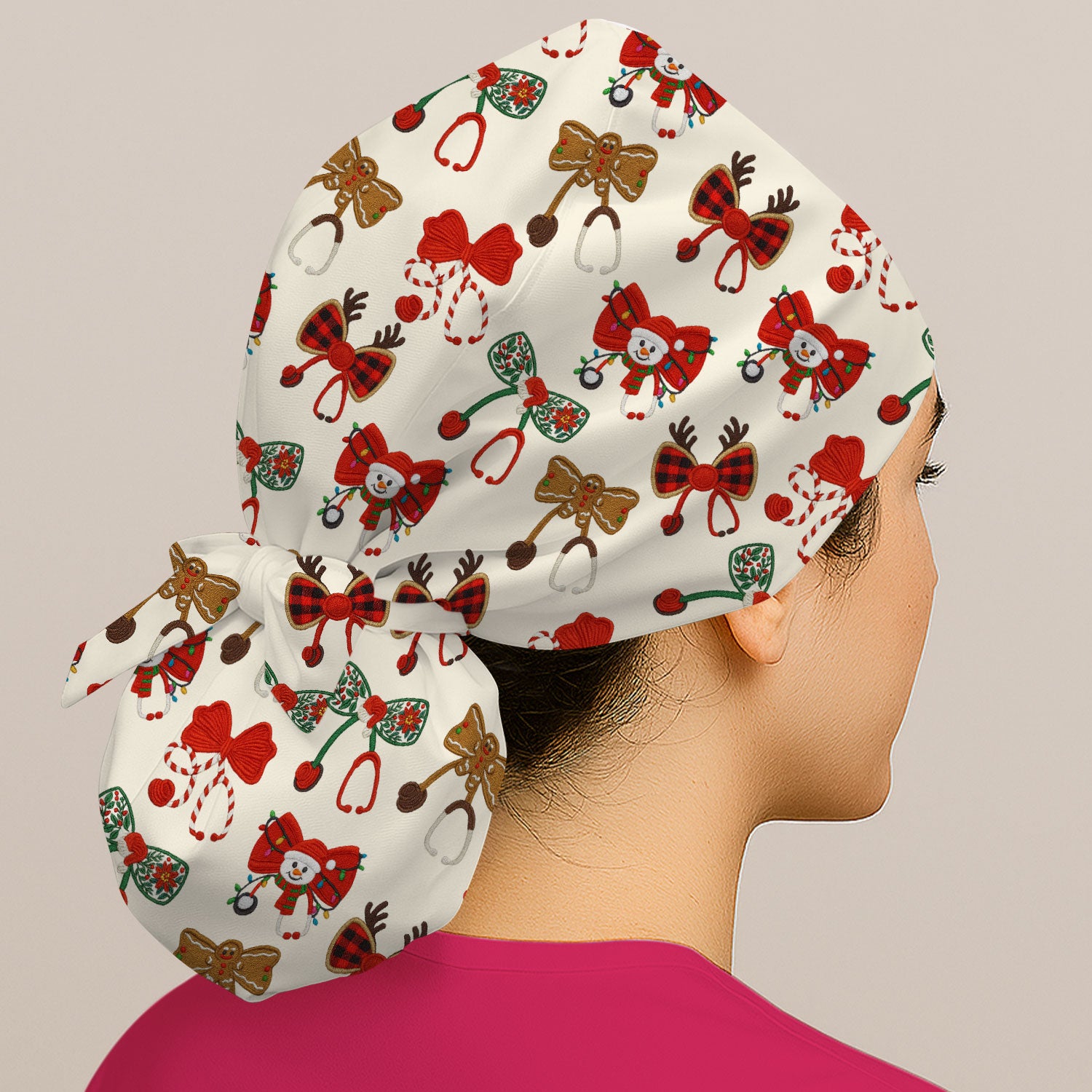 Christmas Stethoscope Bow Nurse Scrub Cap, Xmas Pattern Scrub Hat, Holiday Nursing Uniform