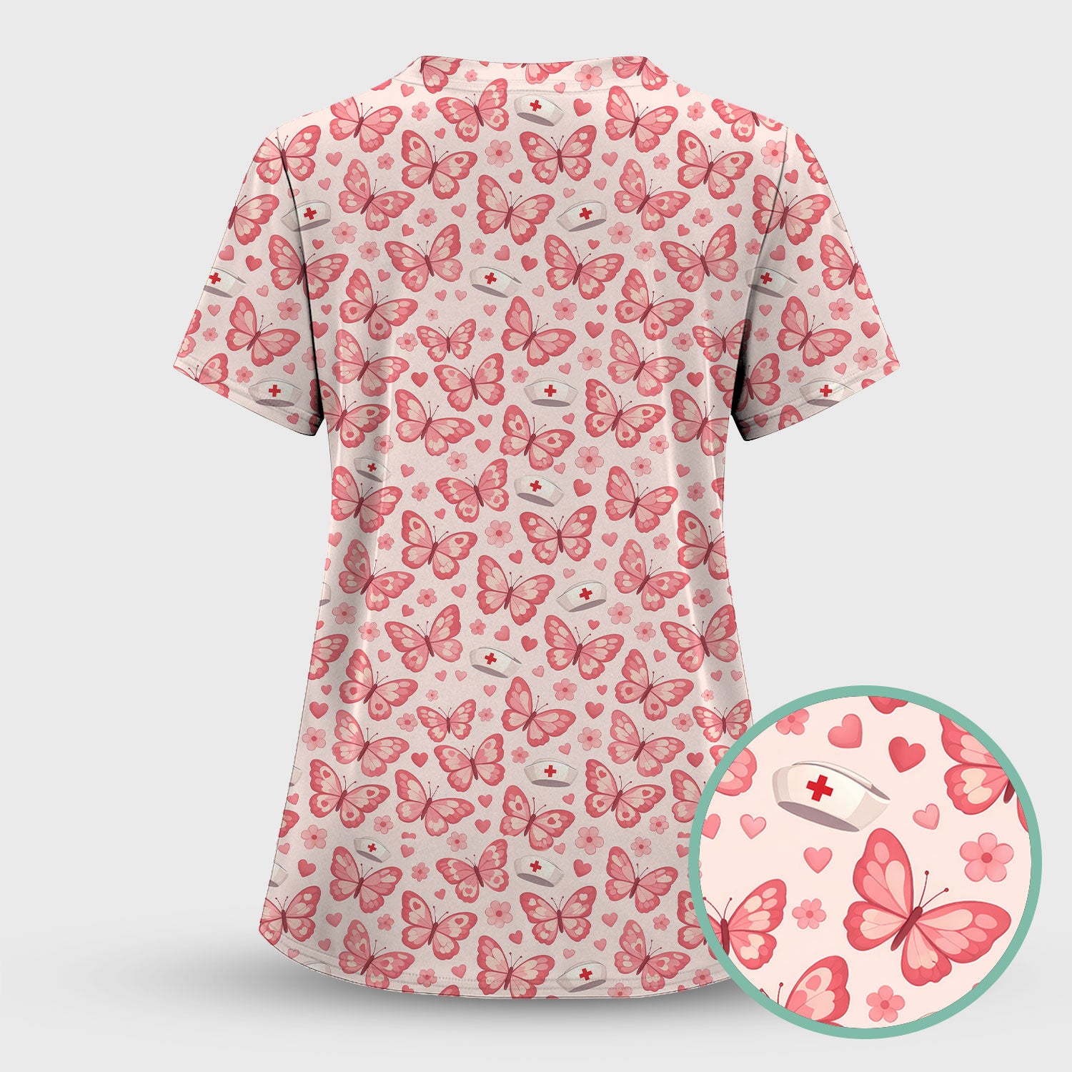 Valentine Butterfly Pattern Nurse Scrub Set, Pink Heart Medical Shirt For Women, Breathable Fabrics Nursing Uniform
