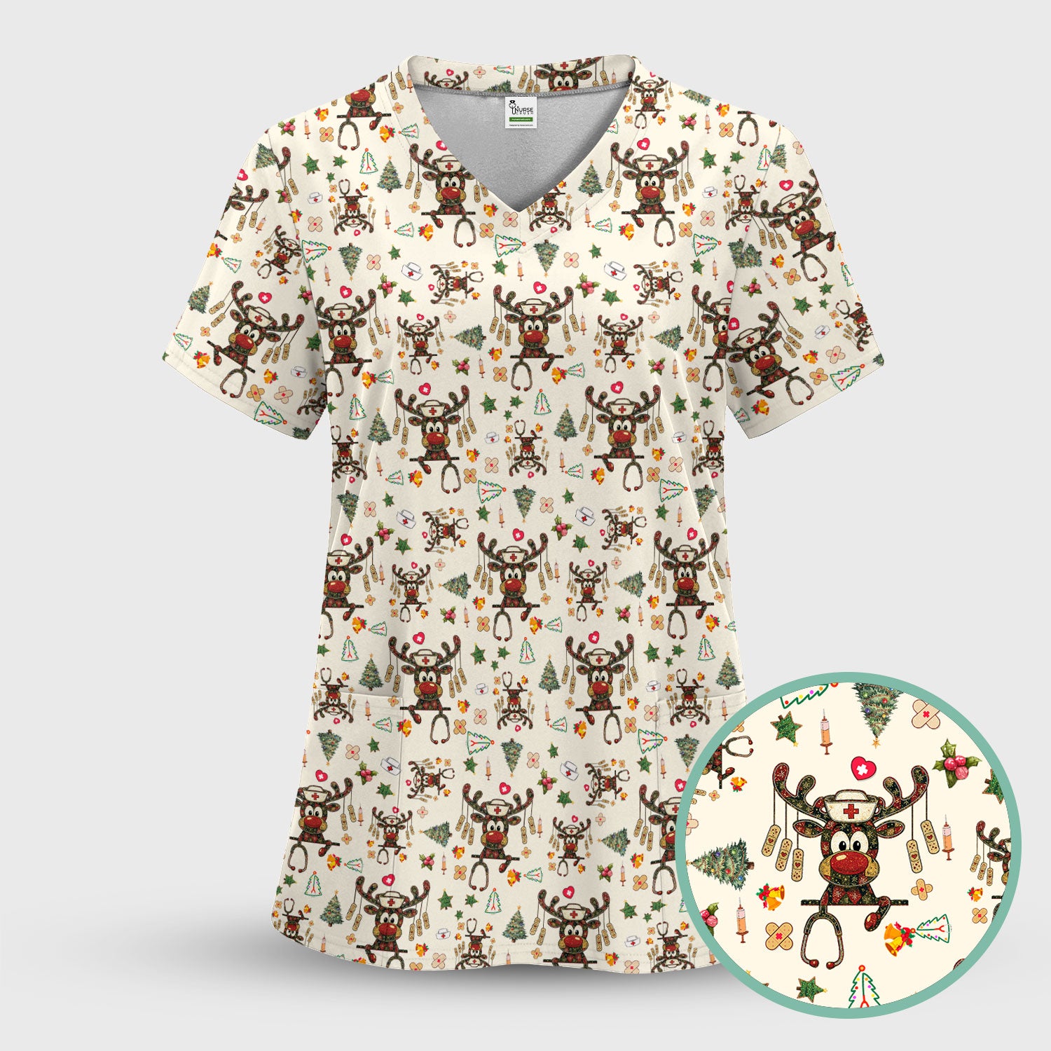 Reindeer Christmas Nurse Scrub Top - Funny Holiday Scrub Shirt - Cute Medical Uniform for Women RN LPN CNA Gift