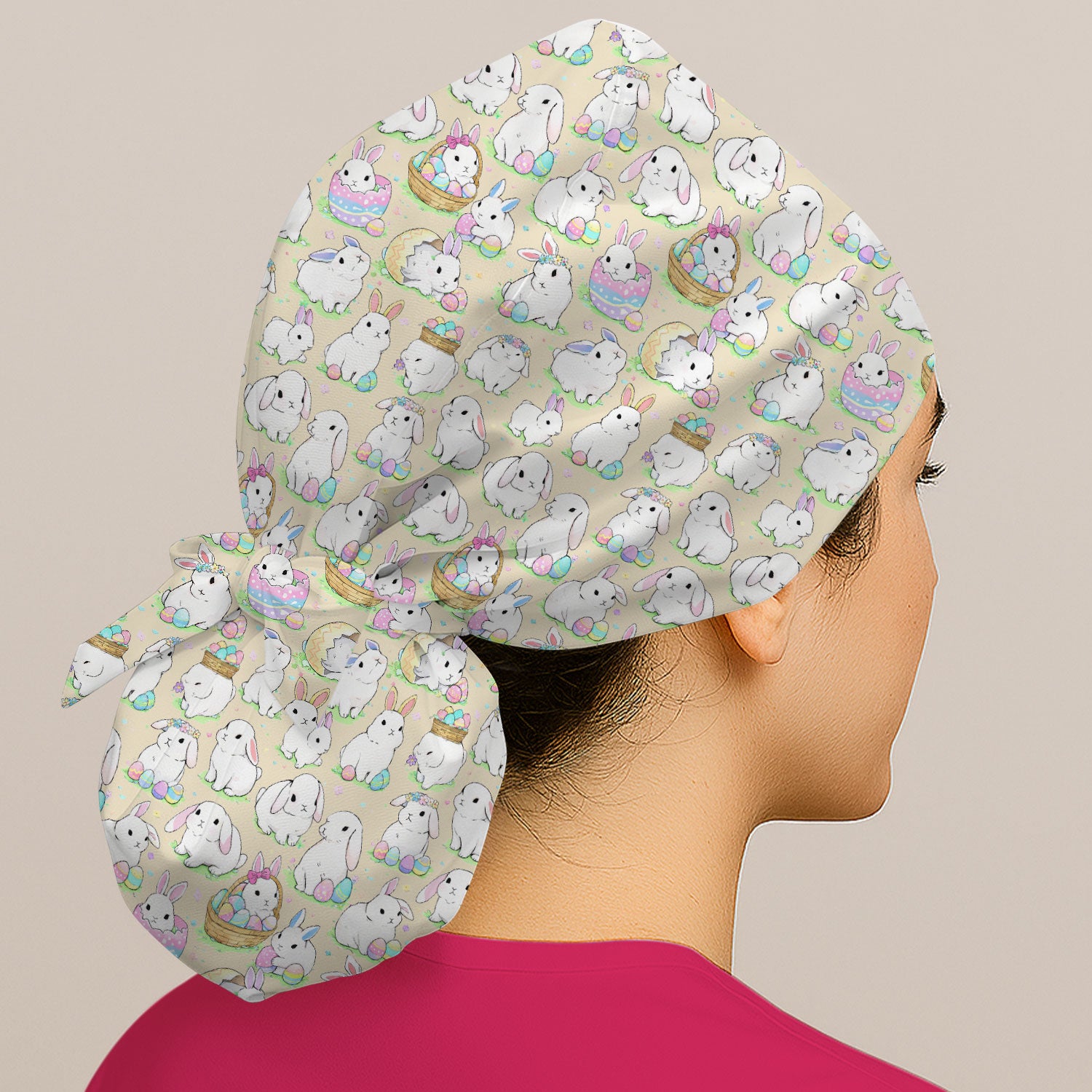 Cute Easter Bunny Egg Pattern Print Cap, Bouffant Scrub Caps for Women