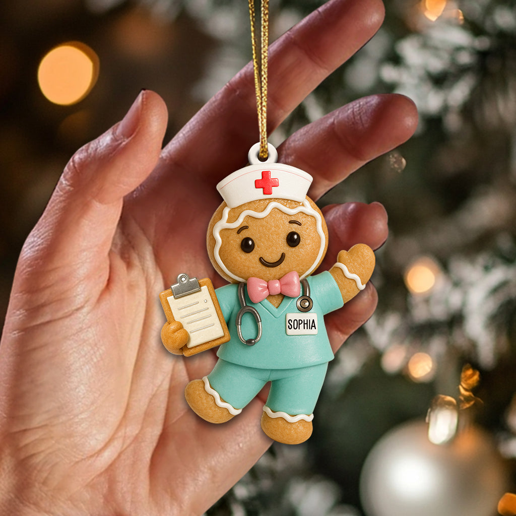 Personalized Gingerbread Nurse Ornament – Custom Name Medical Scrub Decor, Xmas Healthcare Gift, Cute Cookie Figurine for Nurses