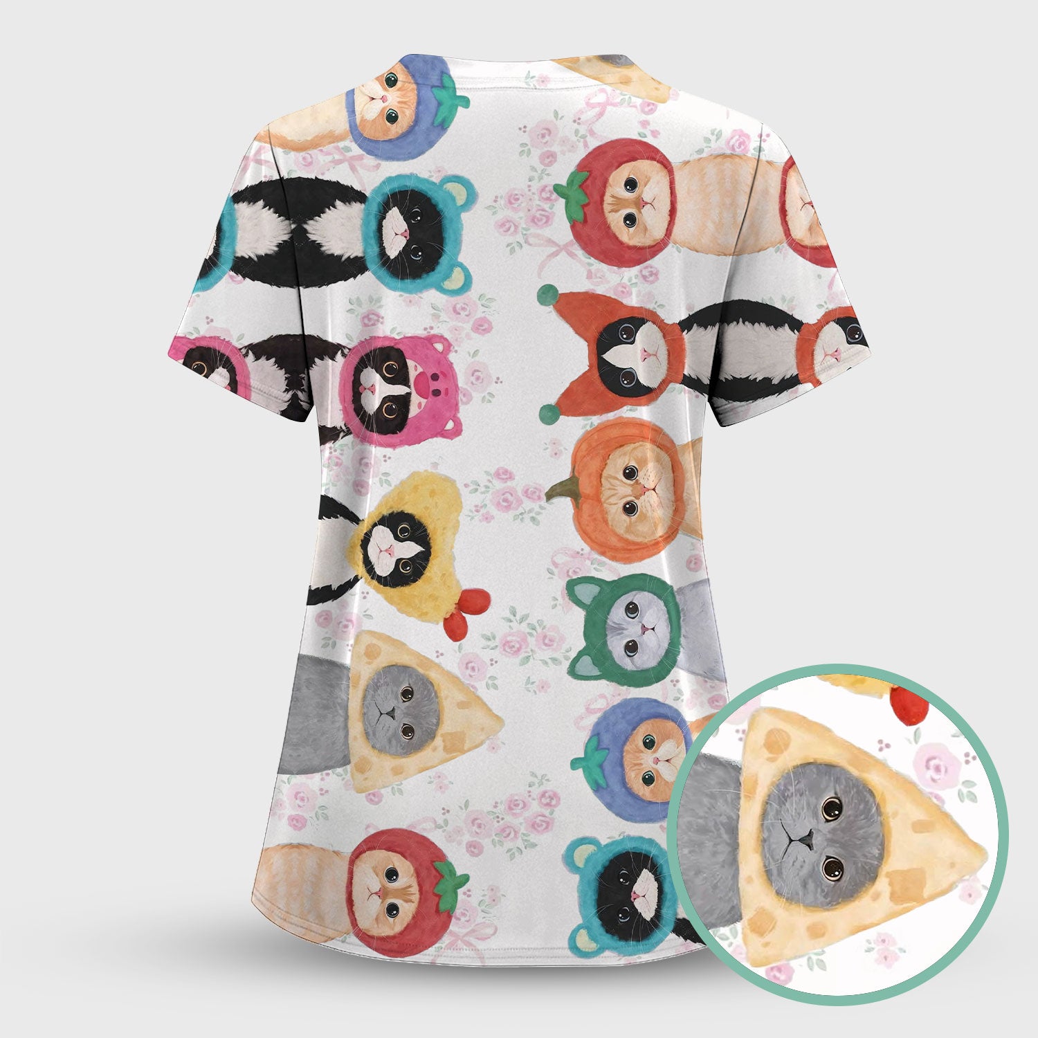 Funny Cartoon Cat Print Scrub Top, Nurse Healthcare Workwear