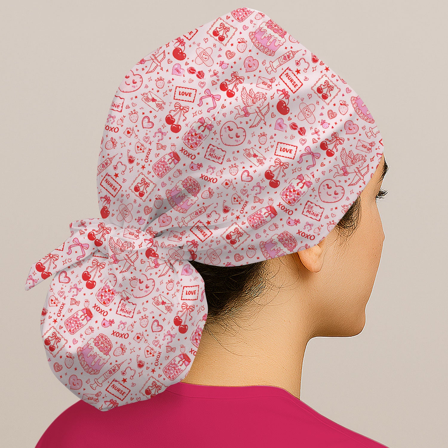 Valentine Pink XOXO Pattern Nurse Scrub Cap, Comfortable Uniform Scrubs For Nursing