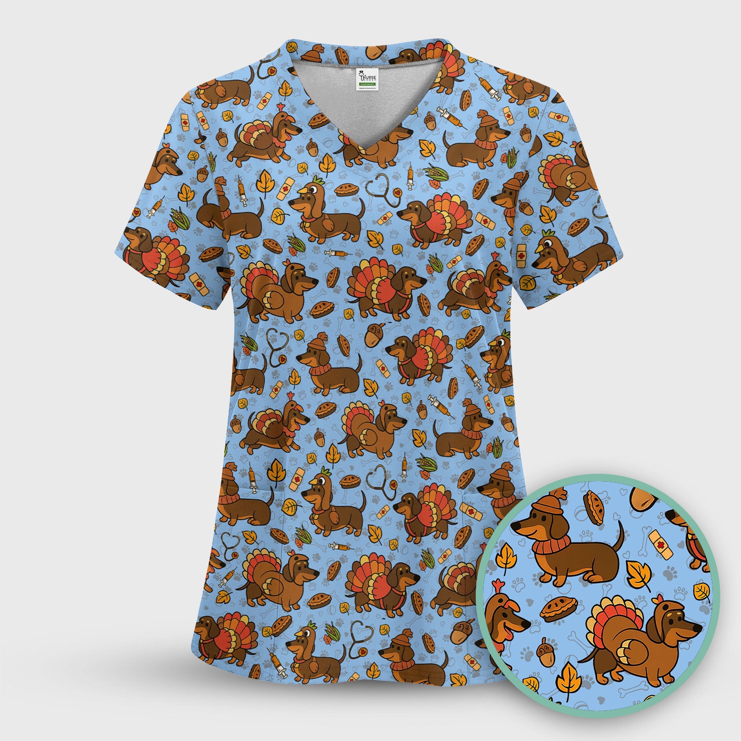 Thanksgiving Wiener Dog Scrub Top - Funny Dachshund TurkeChicken Nurse Shirt for Women - Cute Holiday Medical Uniform