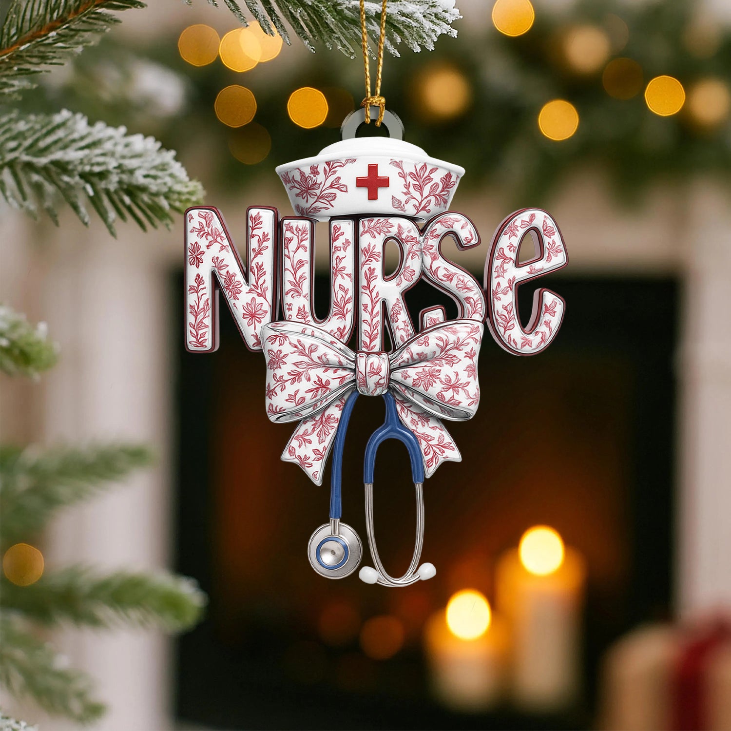 Toile De Jouy Nurse Ornament – Elegant Floral Christmas Ornament for Nurses, Custom Medical Ornament, RN LPN CNA Gift