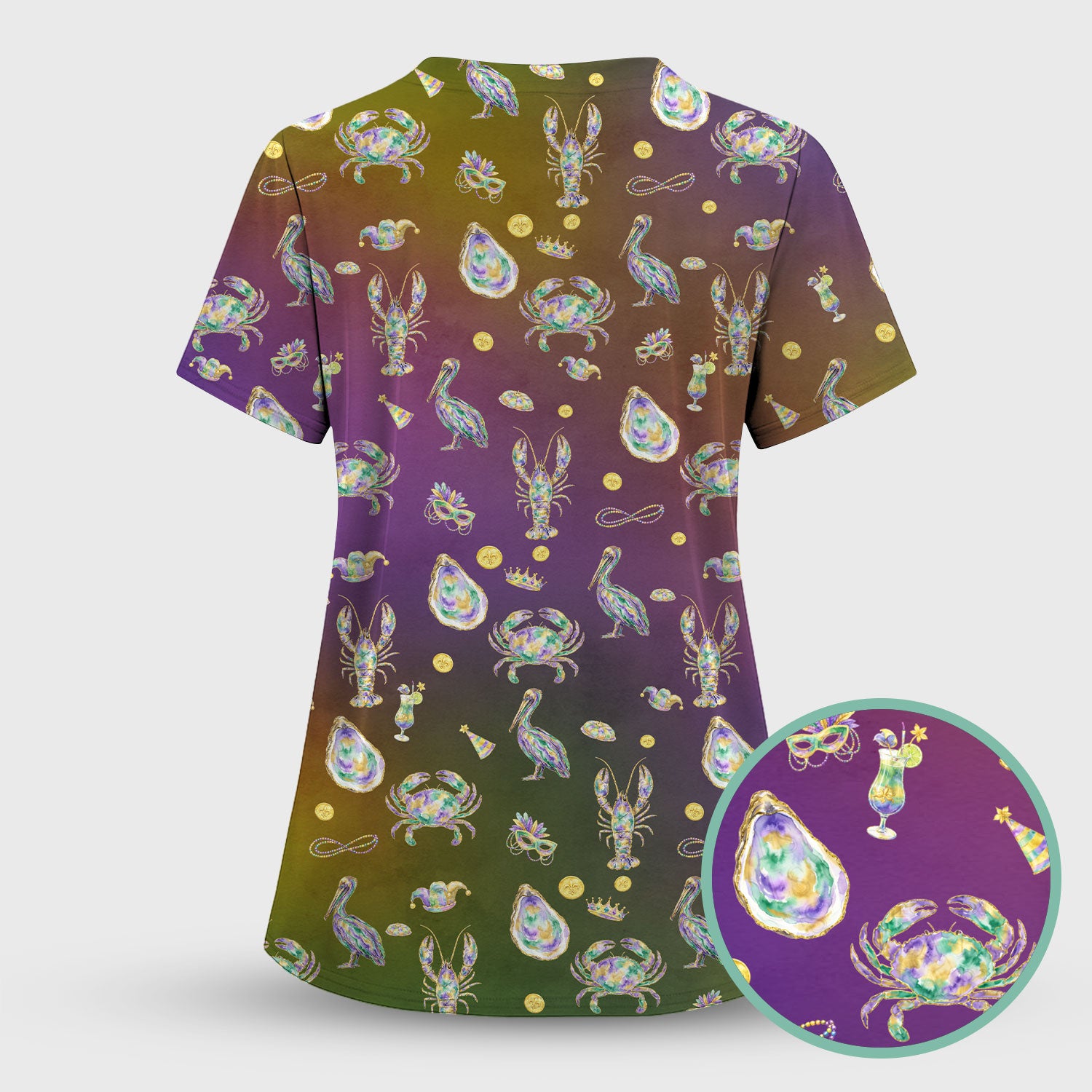 Mardi Gras Seafood Nurse Scrub Set, Comfortable Uniform Scrubs For Nursing