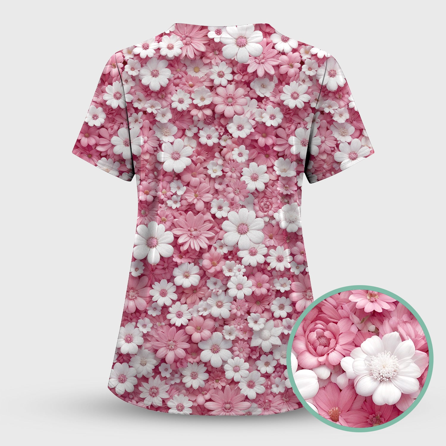 Cute Daisy Flower Bloom Pattern Scrub Top, Breathable Fabrics Nursing Uniform
