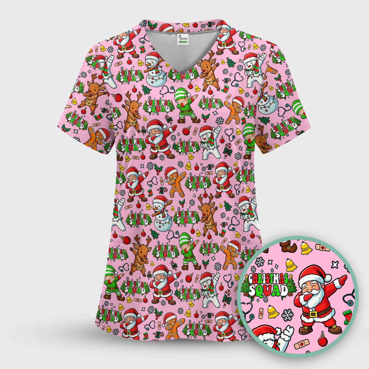 Christmas Squad Scrub Top - Dancing Santa, Reindeer & Elf Shirt - Funny Holiday Medical Uniform for Nurses, Doctors & Vet Techs