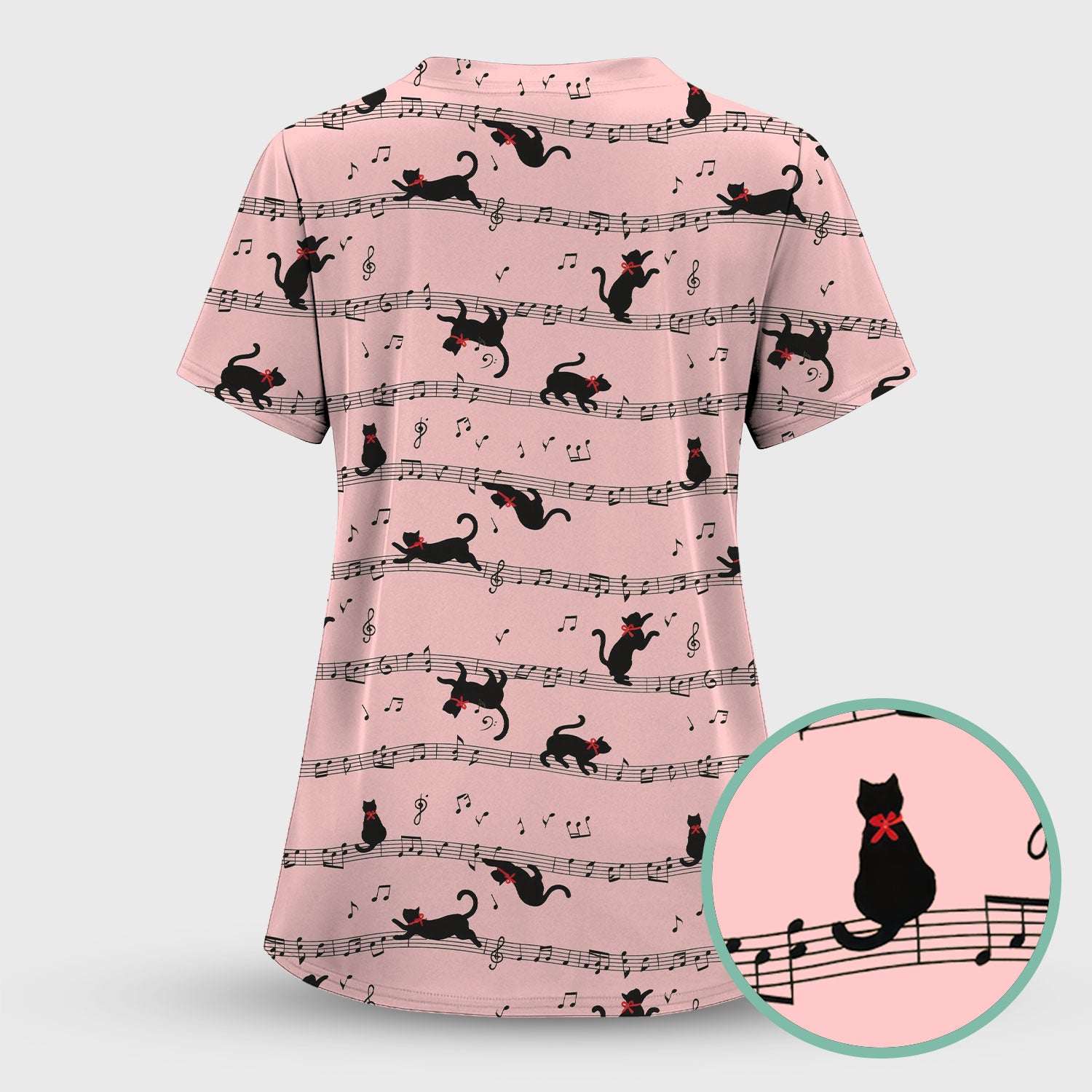 Cute Dancing Black Cat Music Staff Pattern Scrub Top, Comfortable Scrubs for Nurses