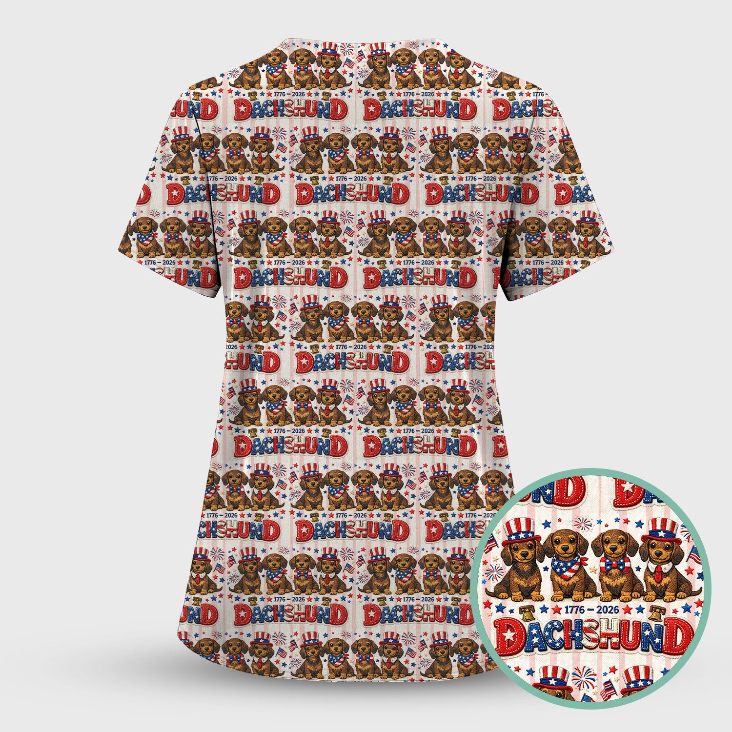 Patriotic Dachshund Fireworks Pattern Scrub Set, Scrub Pants and V Neck Top