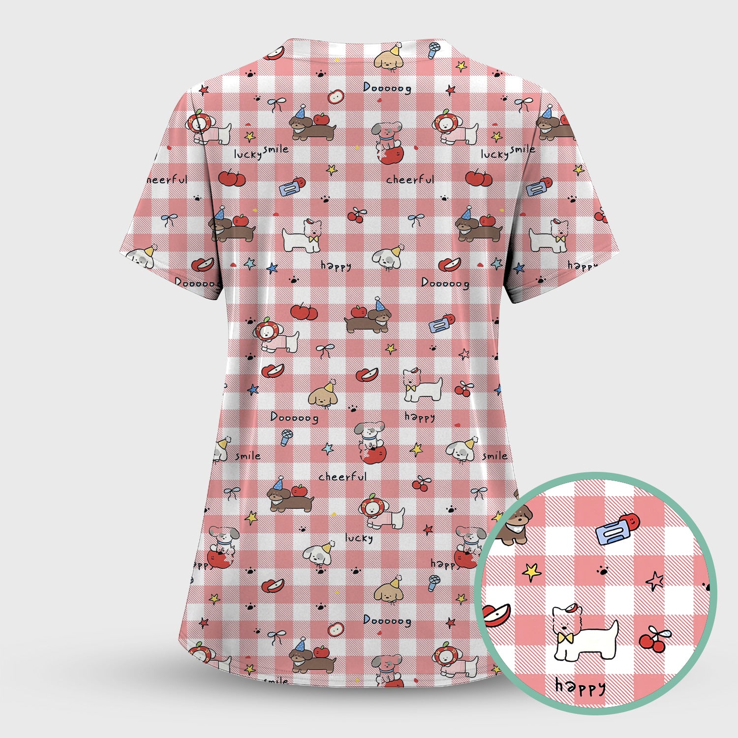 Cute Nurse Cartoon Puppy Apple Gingham Scrub Top, Breathable Fabrics Nursing Uniform