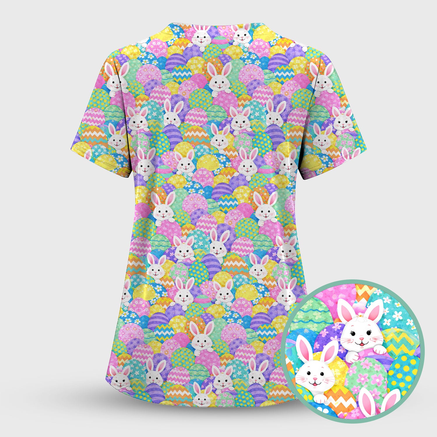Easter Bunny Colorful Egg Pattern Print Scrub Top, Comfortable Scrubs for Nurses