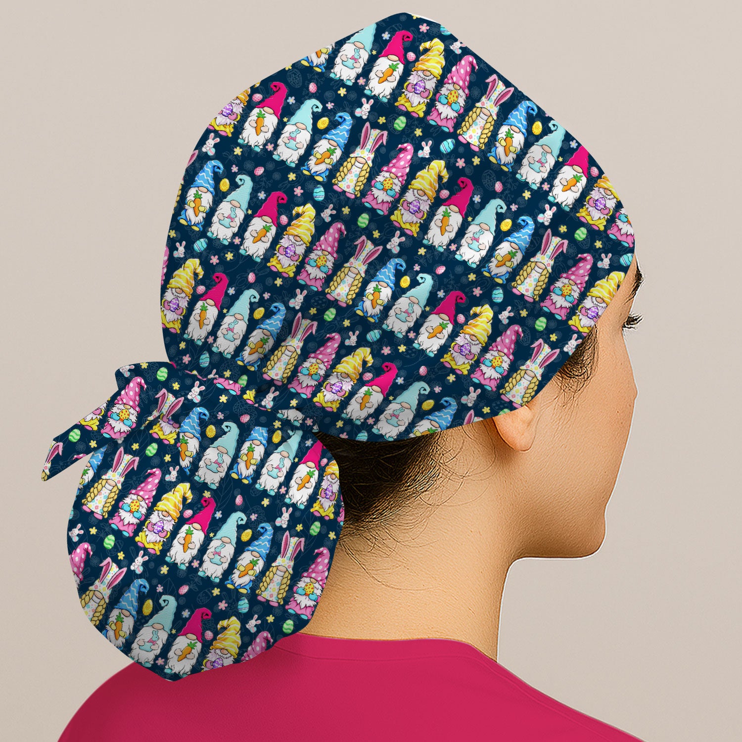 Colorful Easter Gnome Bunny Eggs Pattern Cap, Bouffant Scrub Caps for Women