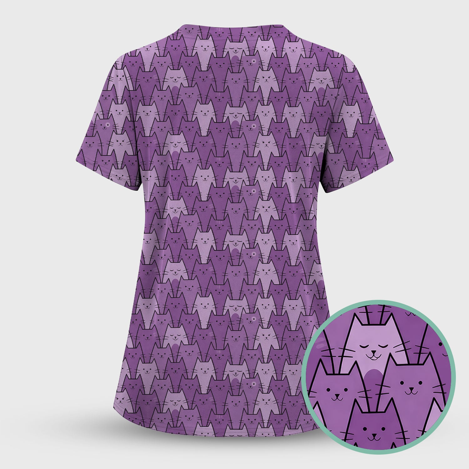 Cute Purple Cats Pattern Scrubs Top, Comfortable Scrubs for Nurses
