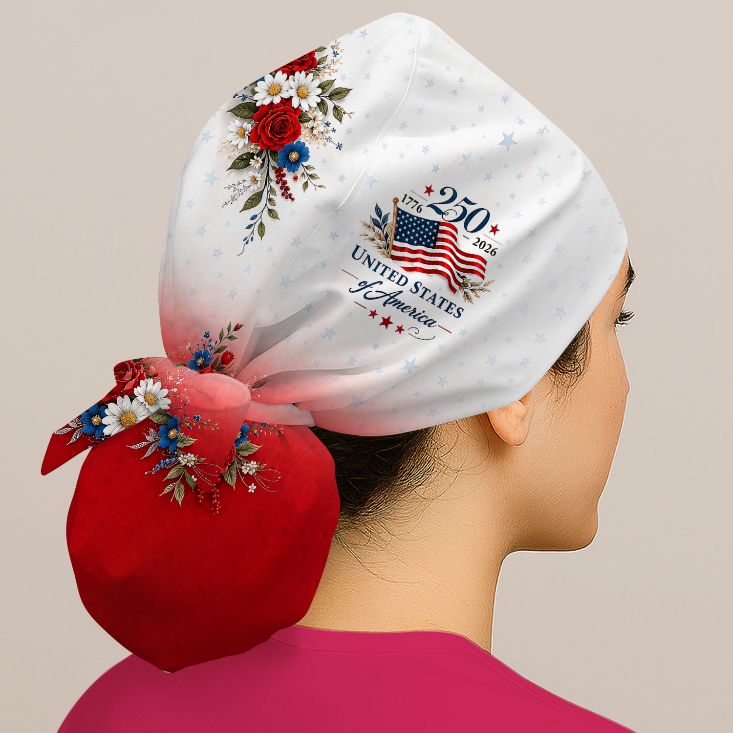 Patriotic 250th Flag Floral Pattern Scrub Cap, Surgical Caps for Doctors
